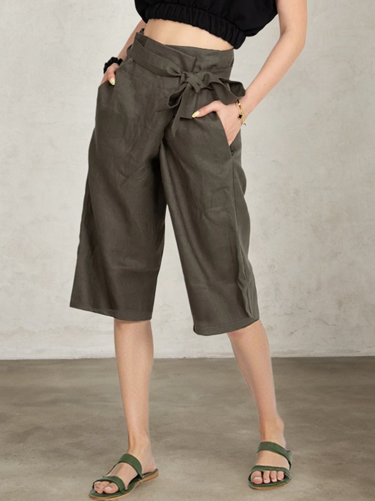 Casual Plain Asymmetric Straight linen-cotton Pants Shorts