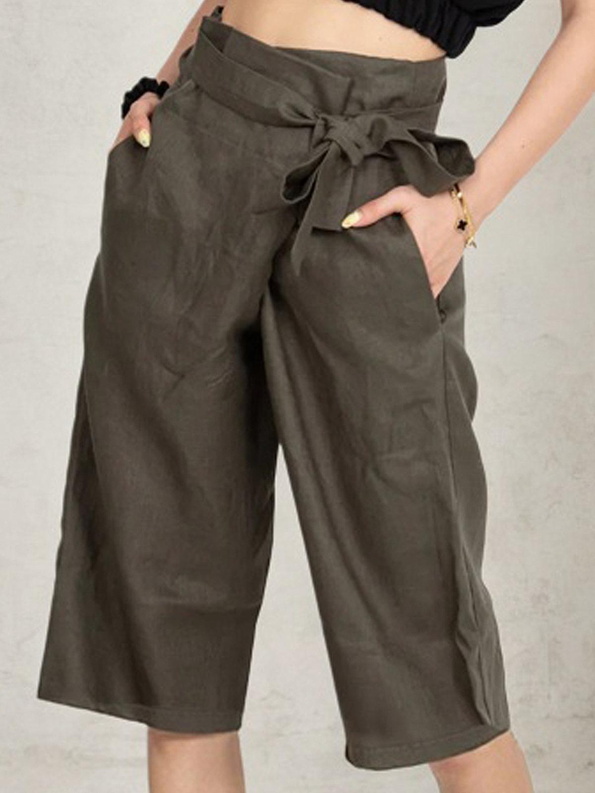 Casual Plain Asymmetric Straight linen-cotton Pants Shorts