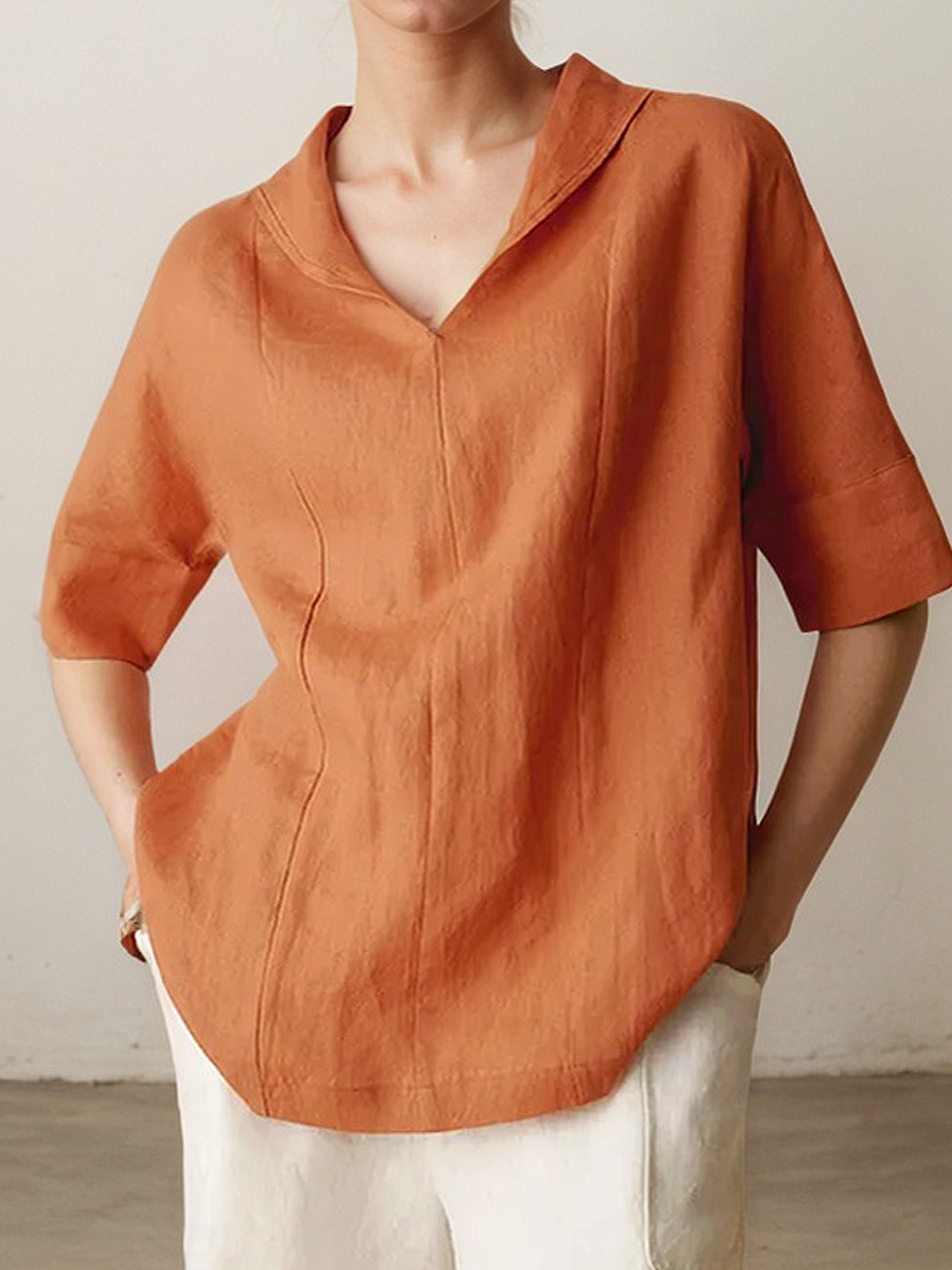 Linen Casual Plain Shawl Collar linen-cotton Blouse