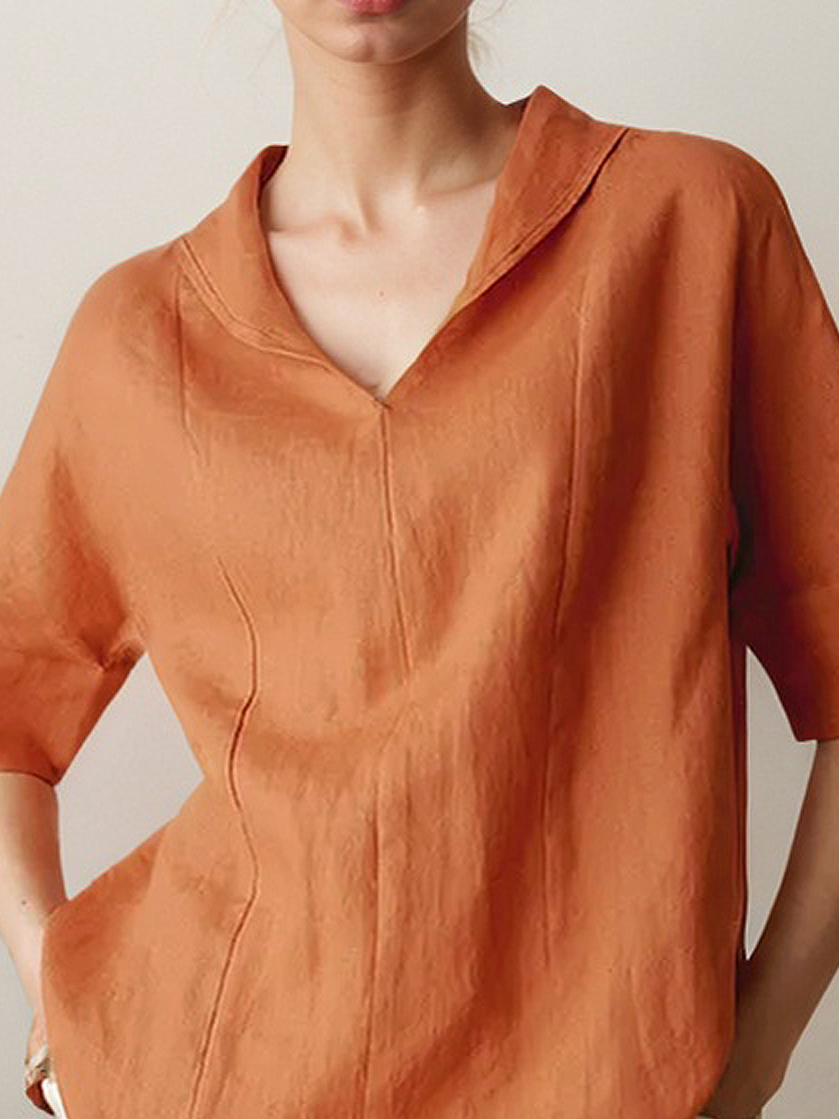 Linen Casual Plain Shawl Collar linen-cotton Blouse