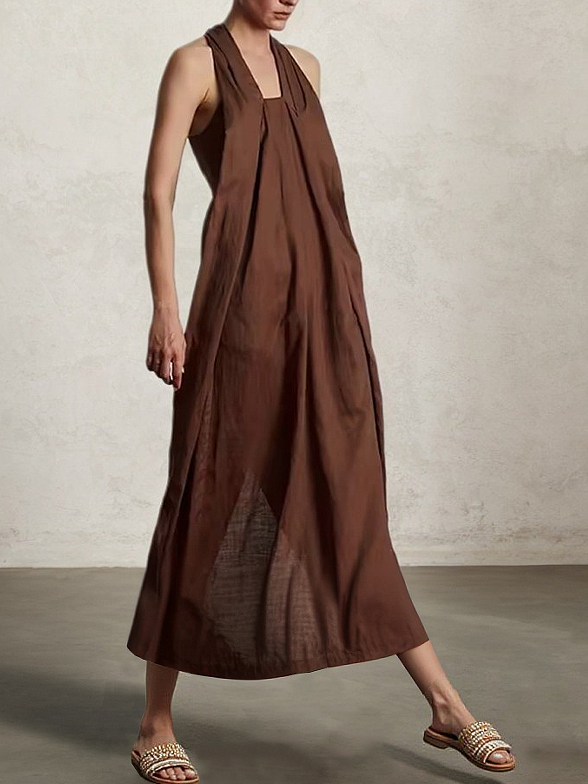 Vacation Plain Square Neck linen-cotton Maxi Dress