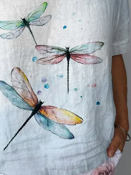 Women's Short Sleeve Blouse Summer As Picture Dragonfly Cotton Crew Neck Daily Going Out Casual Top