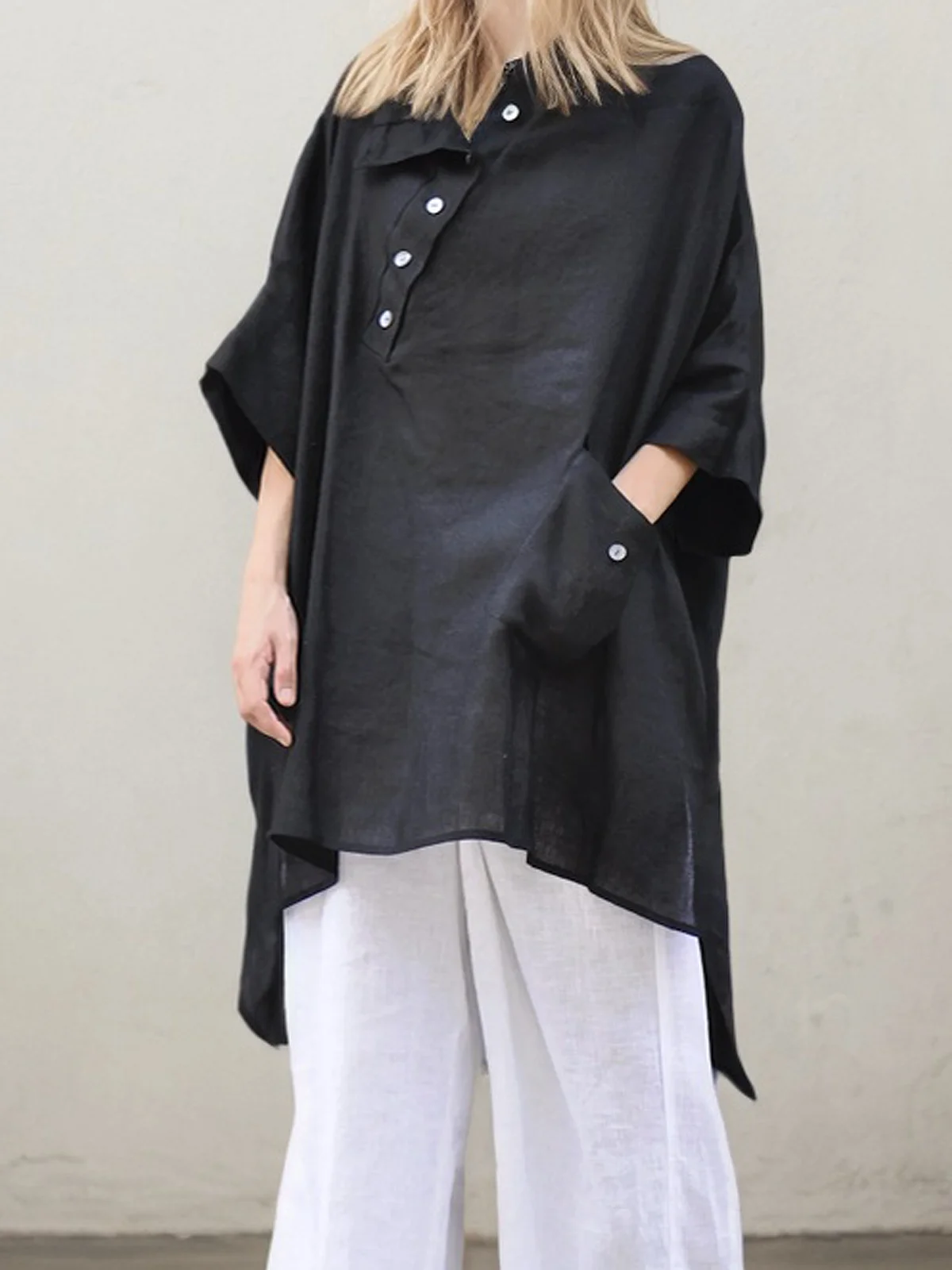 Linen Casual Plain Asymmetric linen-cotton Blouse