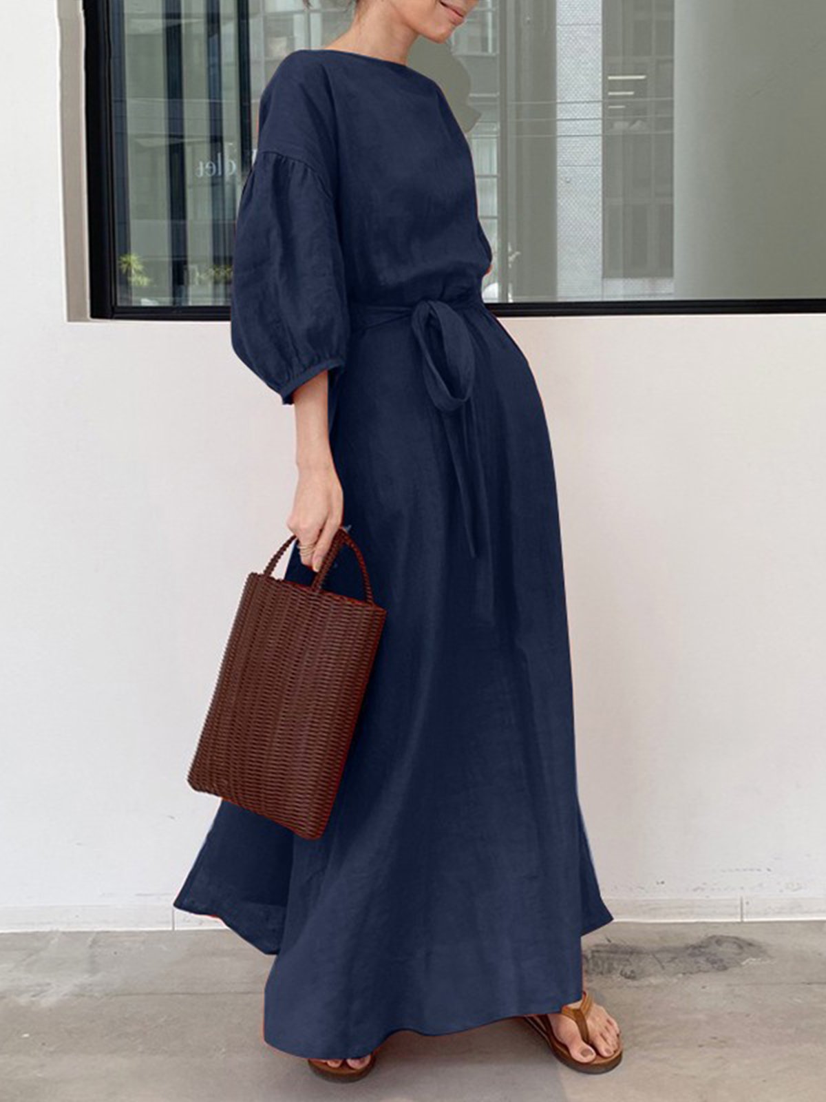 Casual Plain Crew Neck Maxi Dress