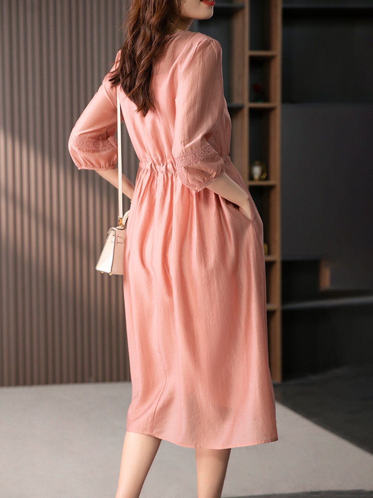 Elegant Plain Embroidery V Neck Maxi Dress