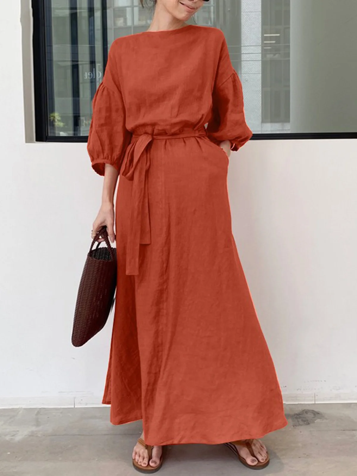 Casual Plain Crew Neck Maxi Dress