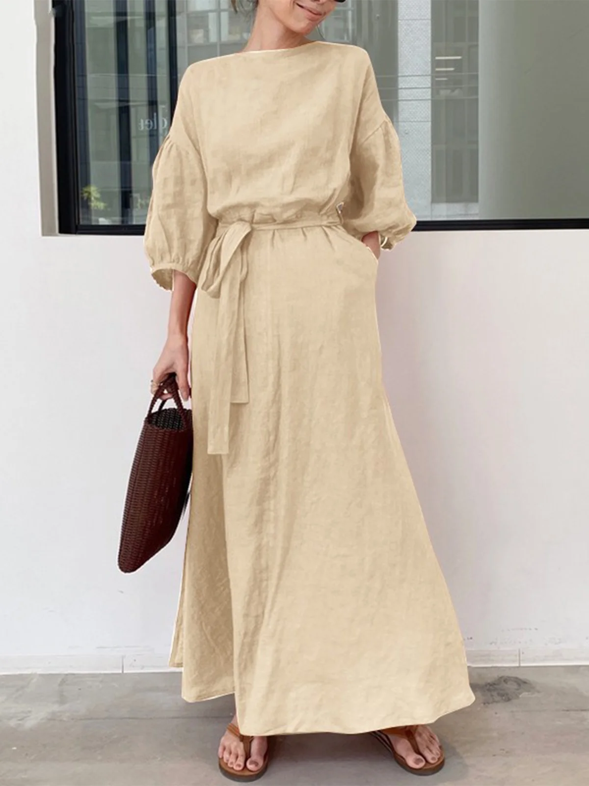 Casual Plain Crew Neck Maxi Dress