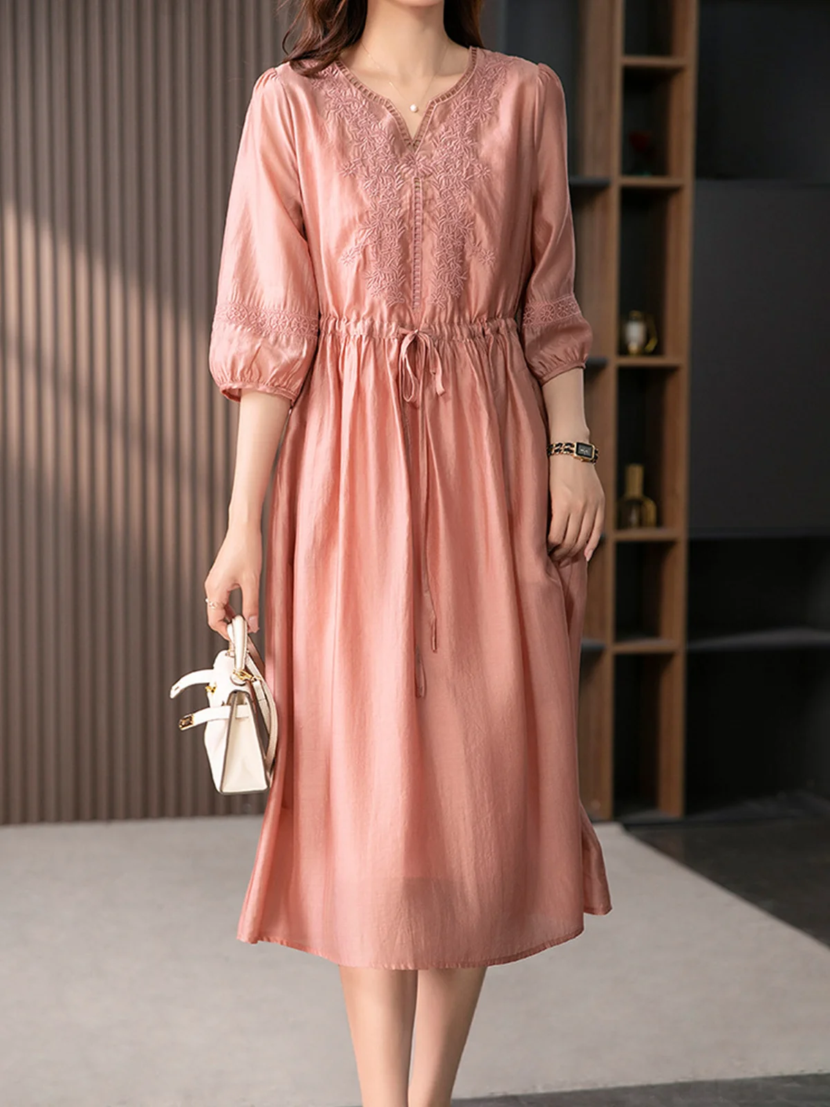 Elegant Plain Embroidery V Neck Maxi Dress