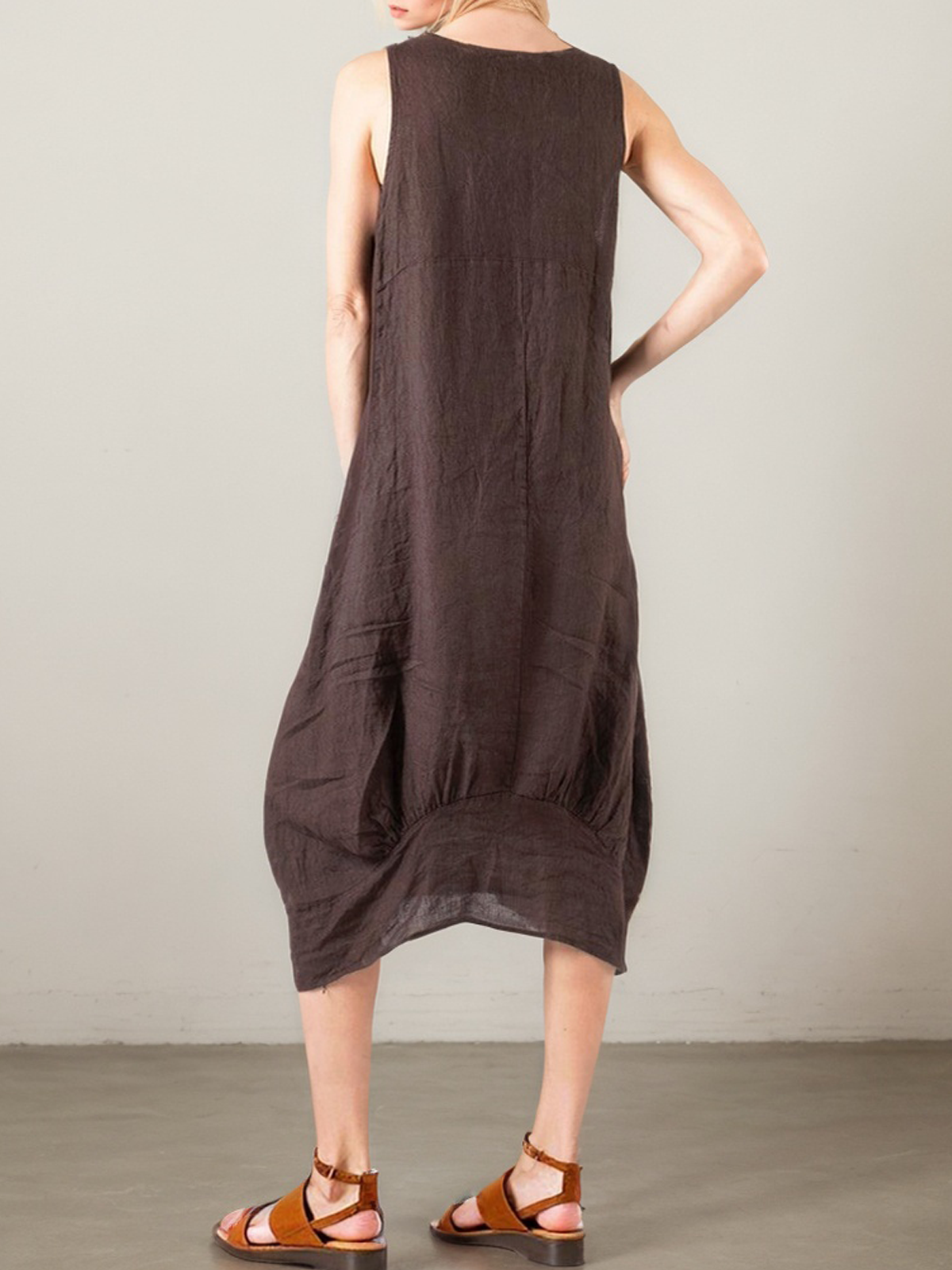 Casual Plain Crew Neck linen-cotton Midi Dress