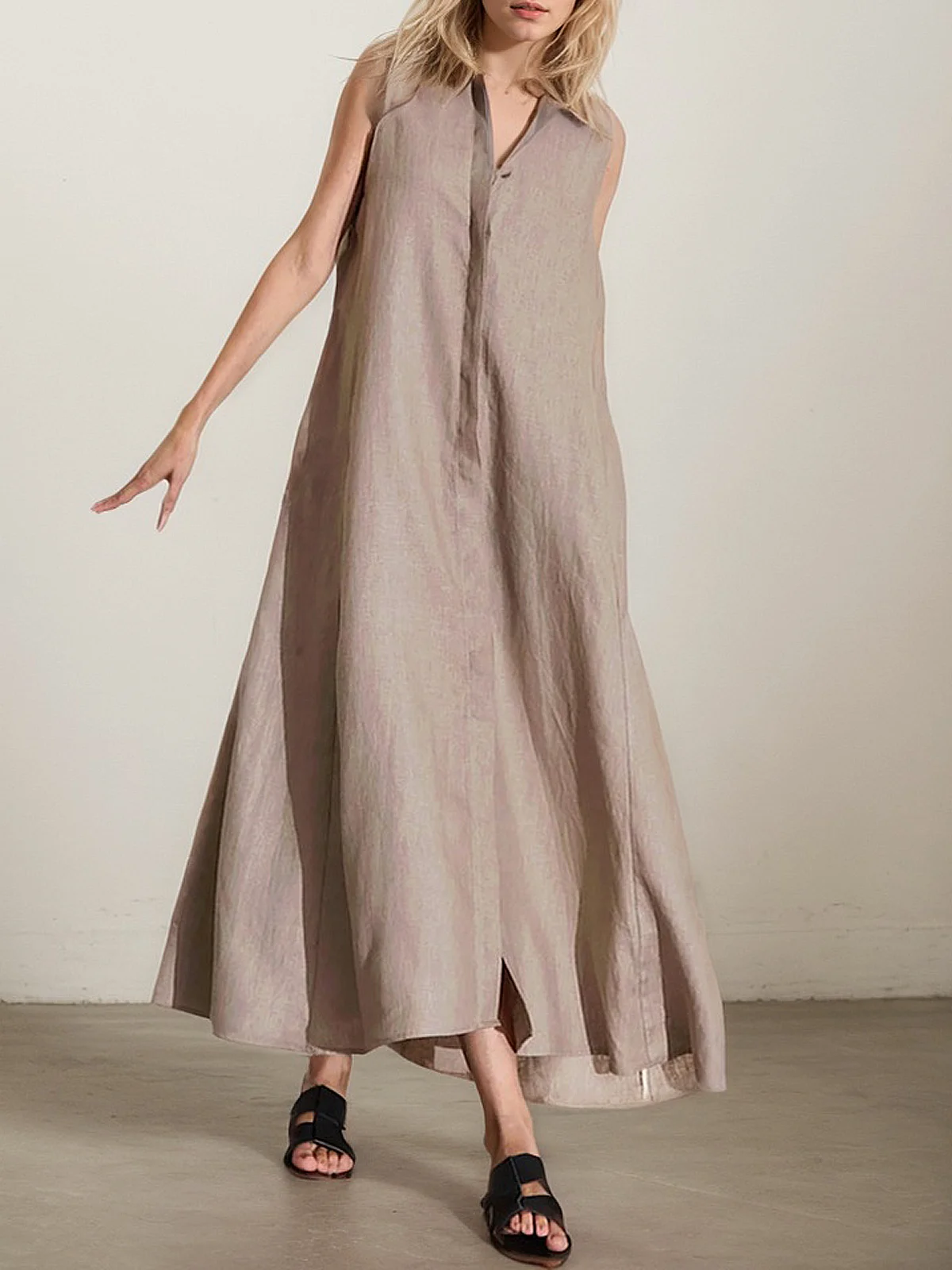 Casual Plain linen-cotton Shirt Collar Maxi Dress