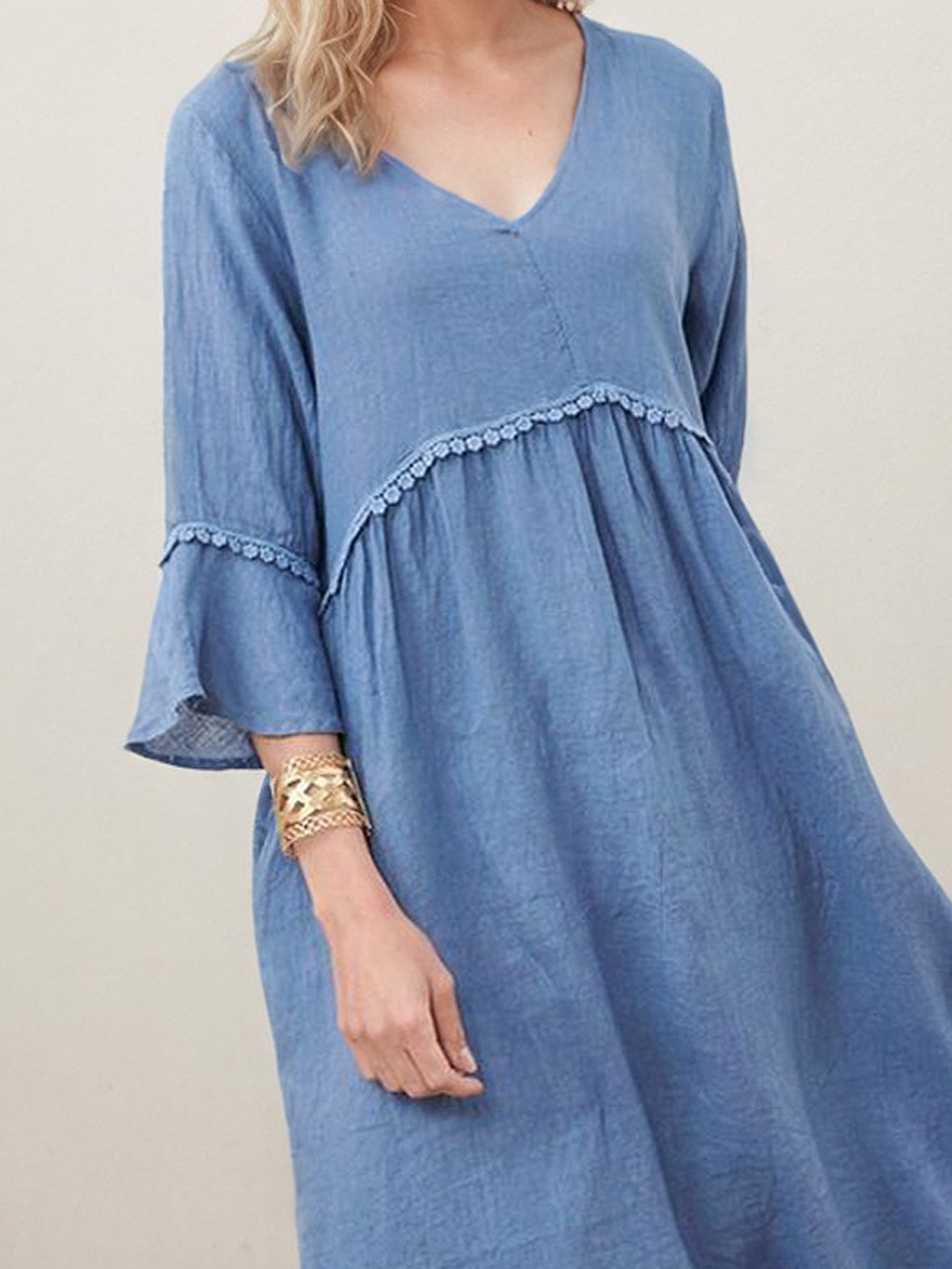 Casual Plain V Neck linen-cotton Midi Dress