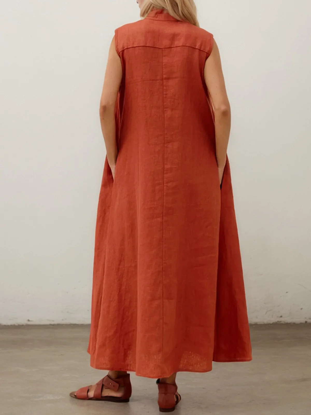 Vacation Plain Stand Collar linen-cotton Maxi Dress