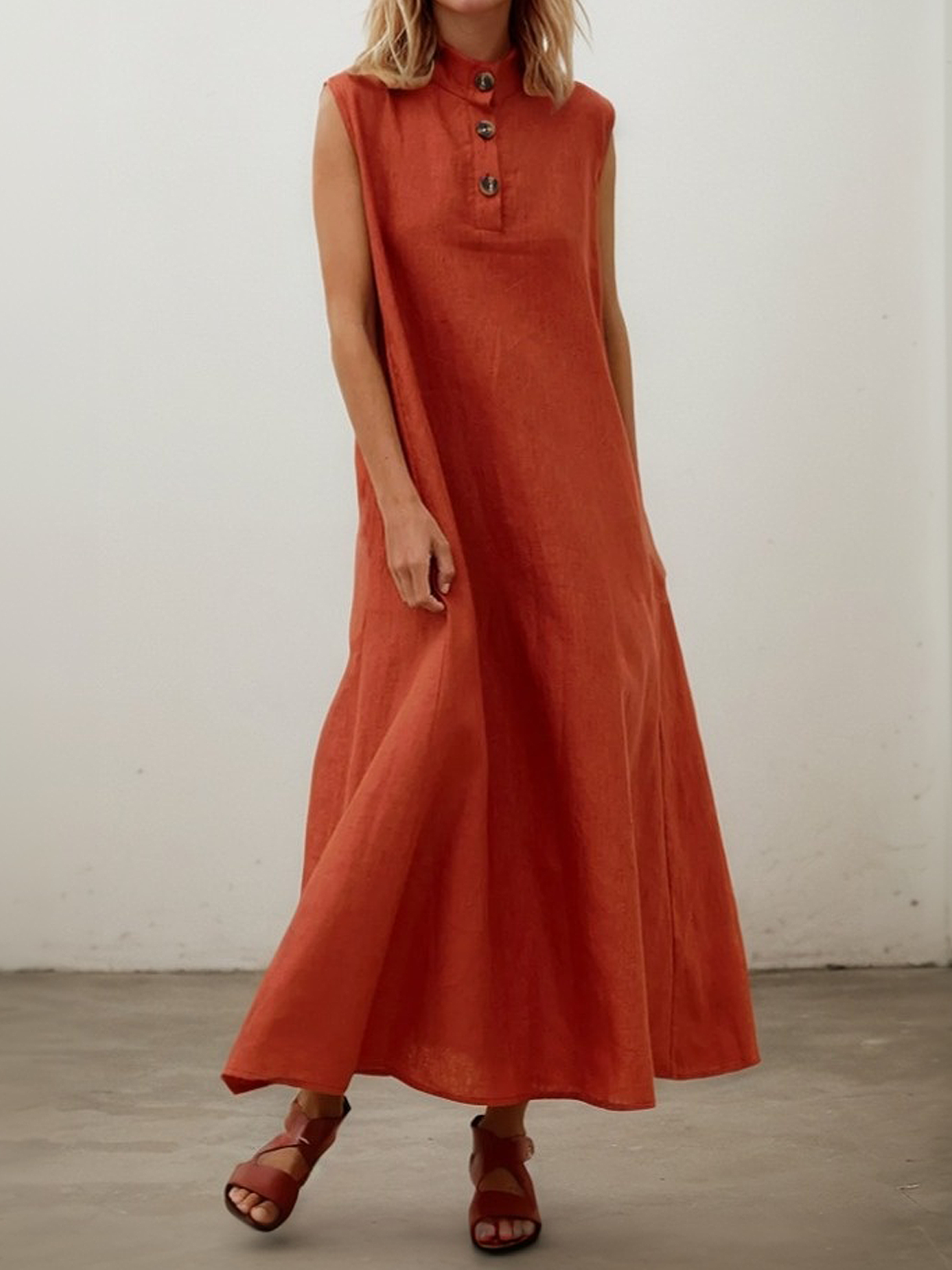 Vacation Plain Stand Collar linen-cotton Maxi Dress