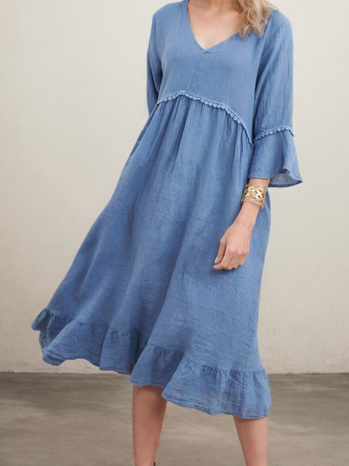 Casual Plain V Neck linen-cotton Midi Dress