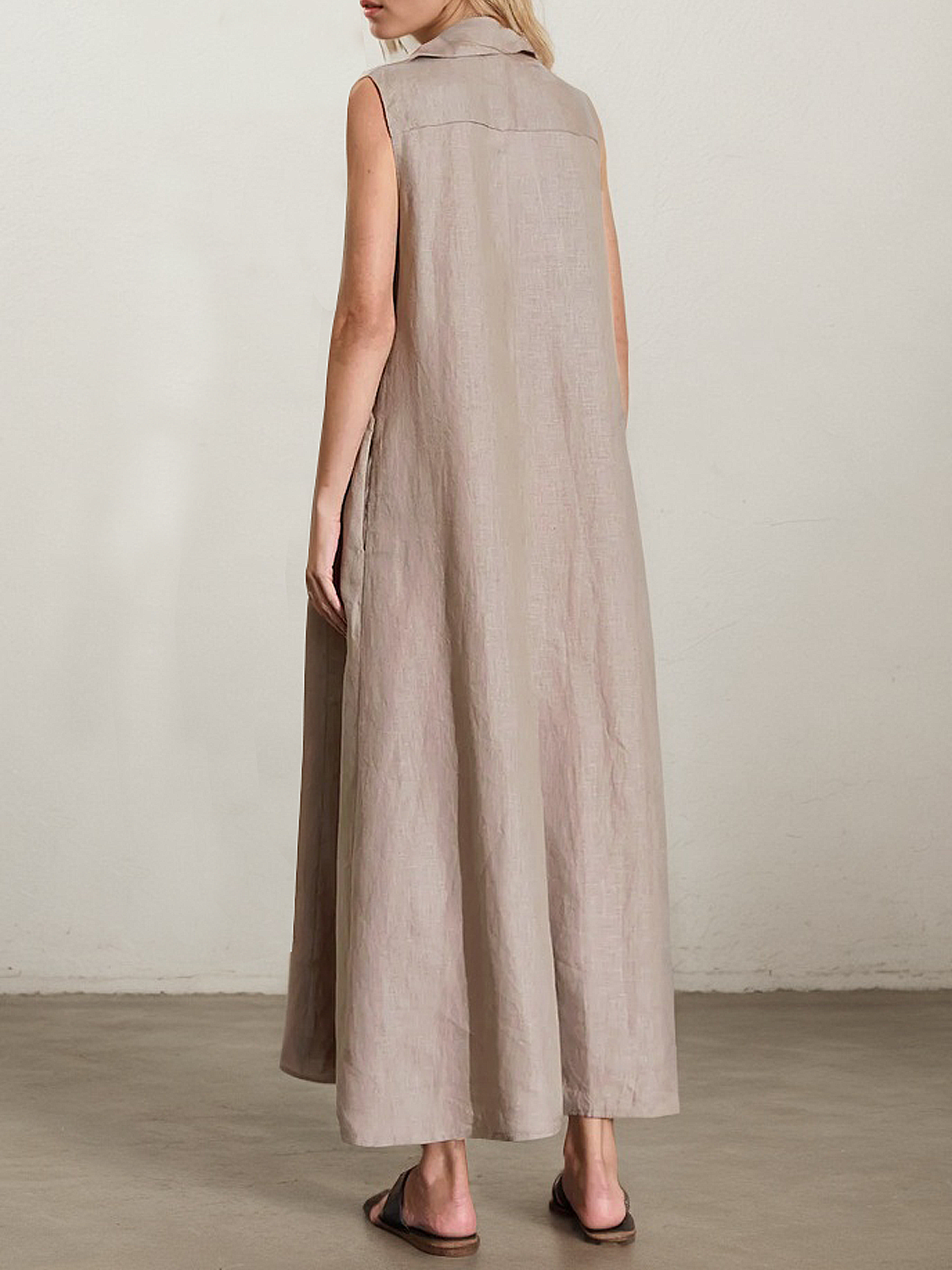 Casual Plain linen-cotton Shirt Collar Maxi Dress