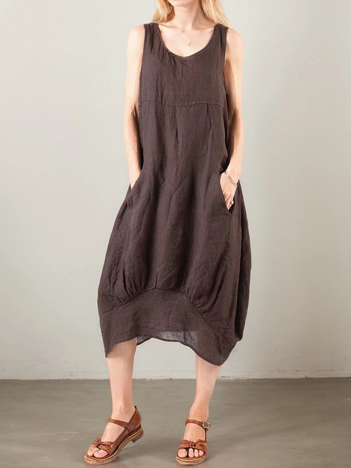 Casual Plain Crew Neck linen-cotton Midi Dress