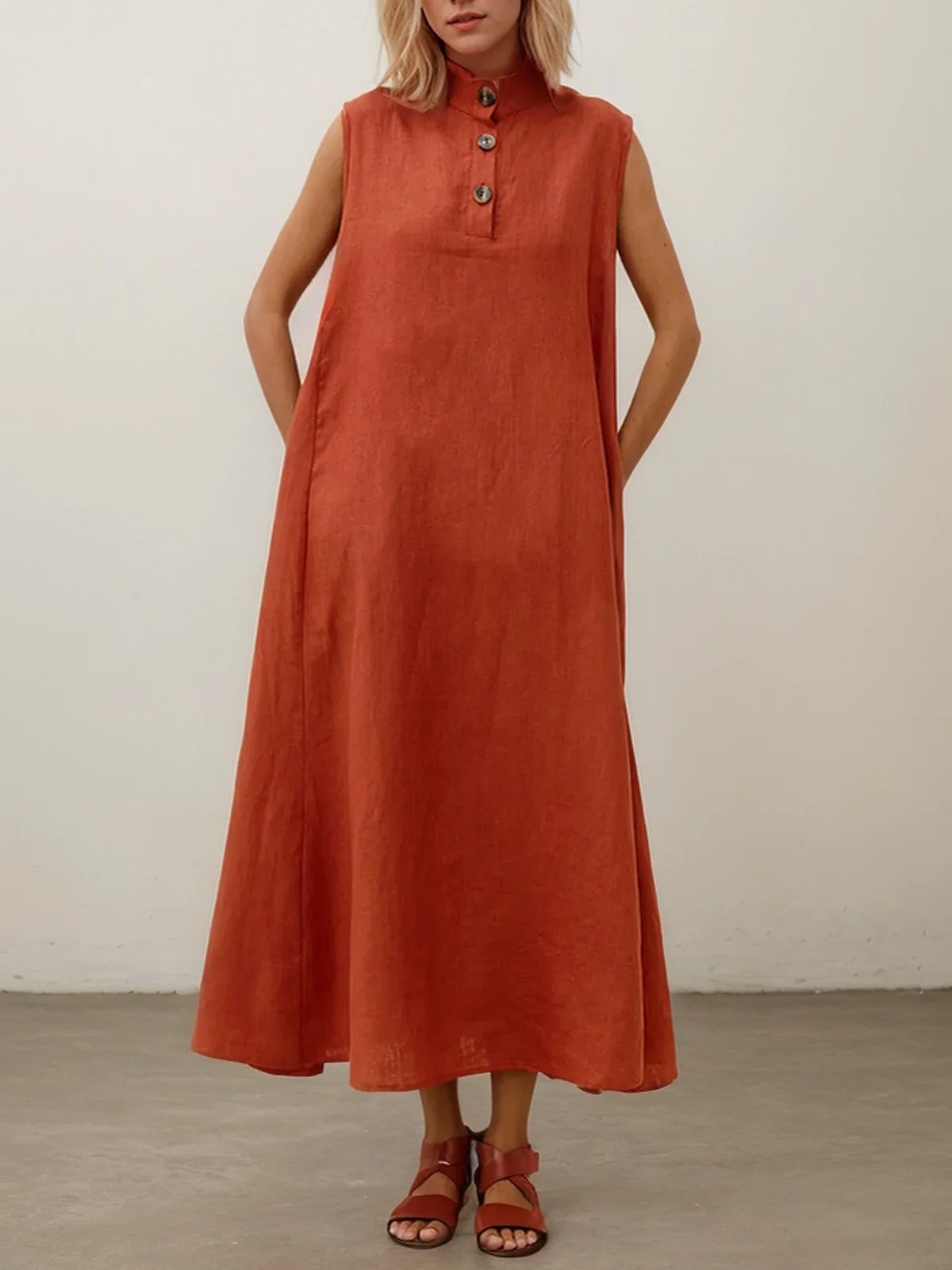 Vacation Plain Stand Collar linen-cotton Maxi Dress