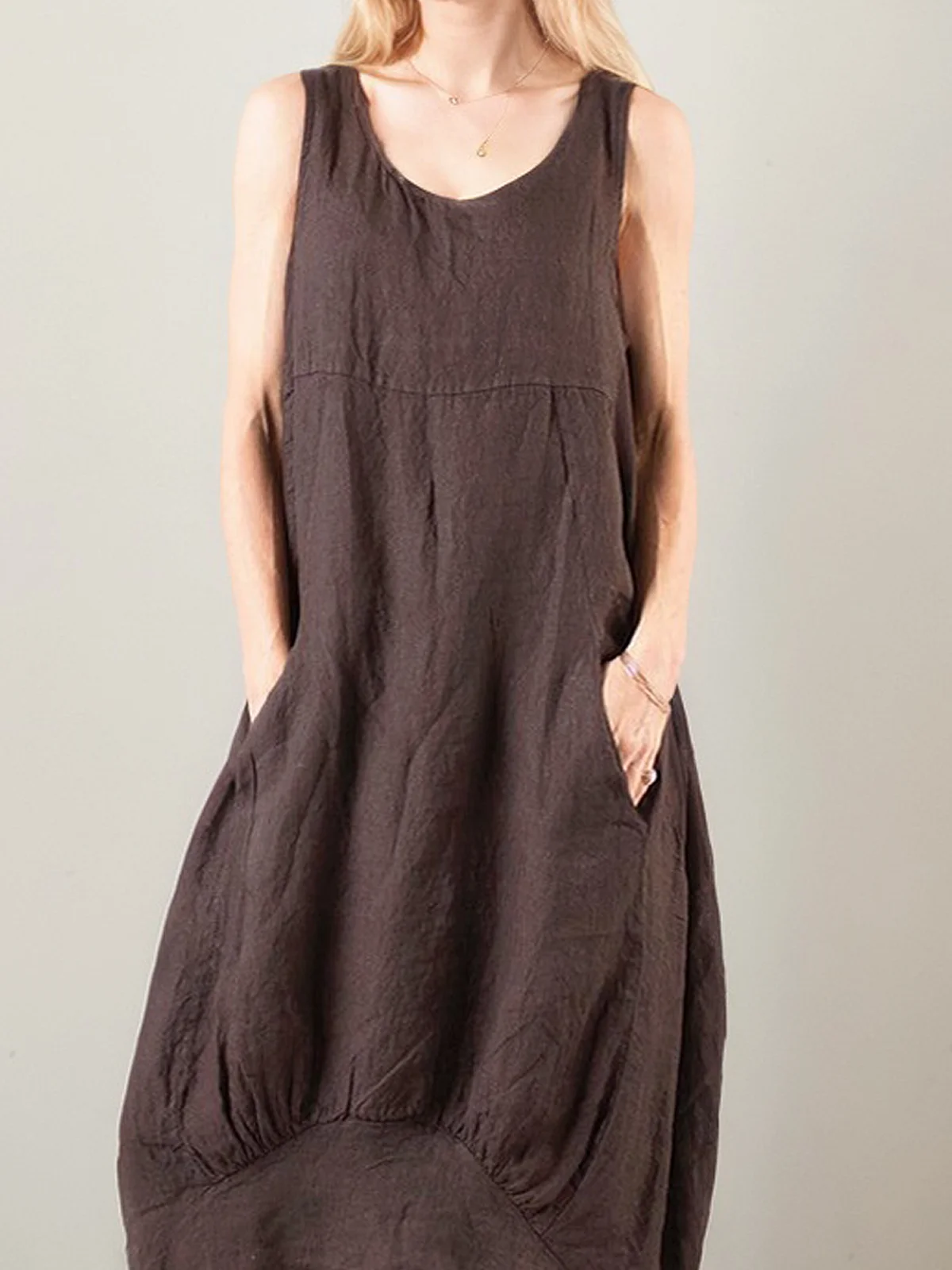 Casual Plain Crew Neck linen-cotton Midi Dress