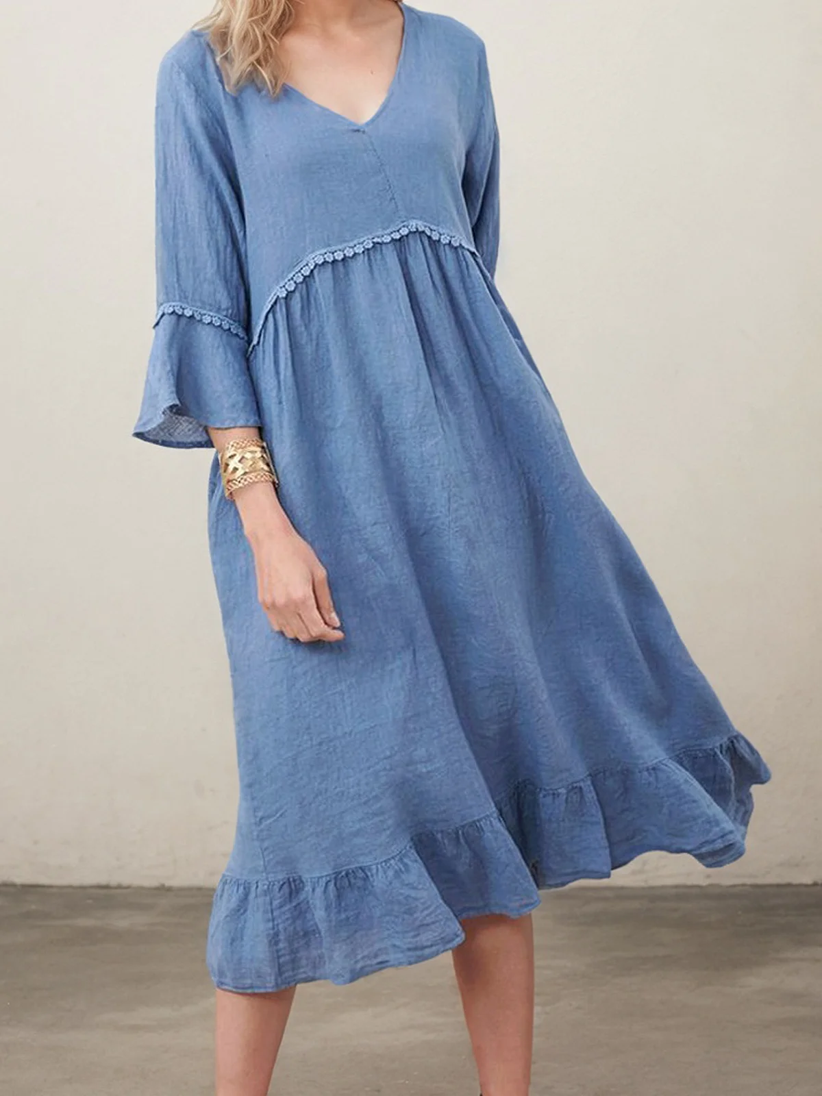 Casual Plain V Neck linen-cotton Midi Dress