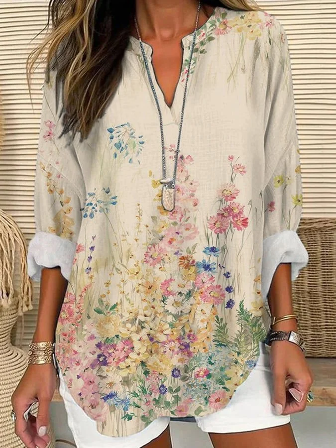 Women's Floral Print Spring V-Neck Casual Shirt