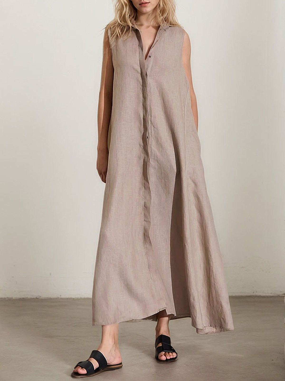 Casual Plain linen-cotton Shirt Collar Maxi Dress