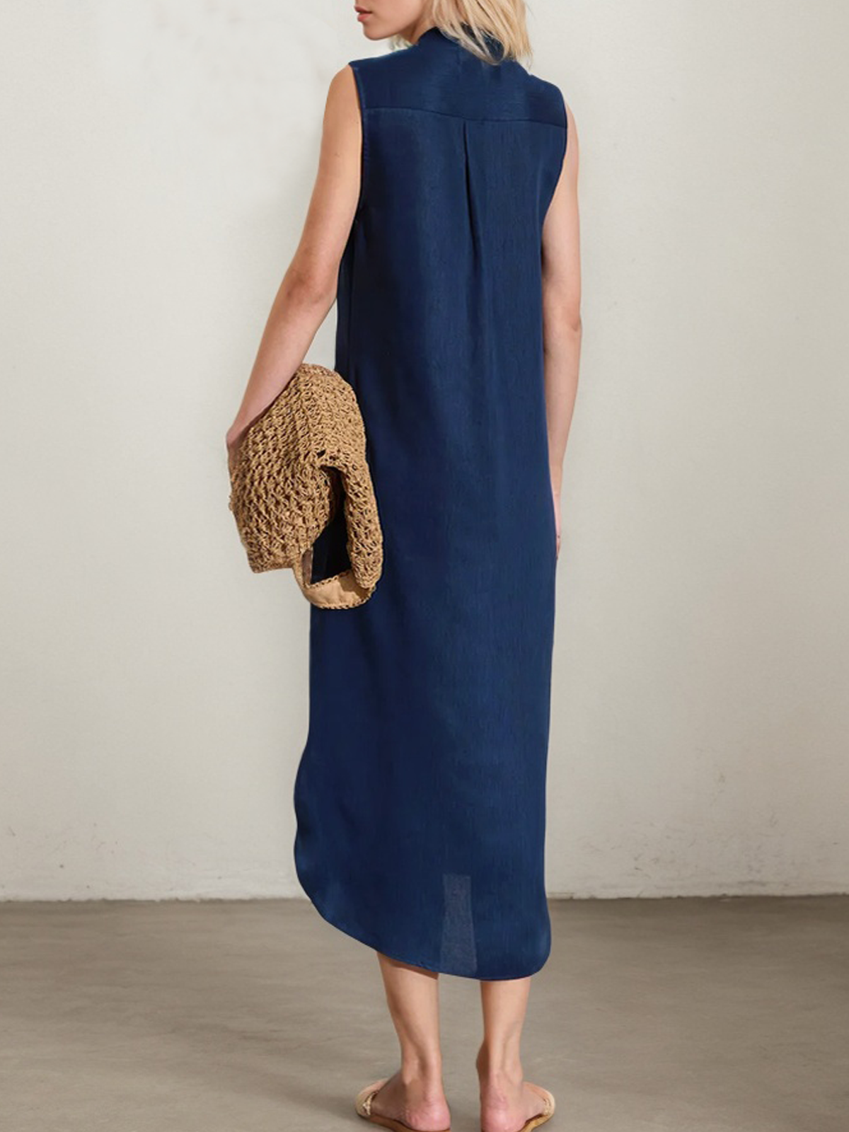 Casual Plain Stand Collar linen-cotton Maxi Dress