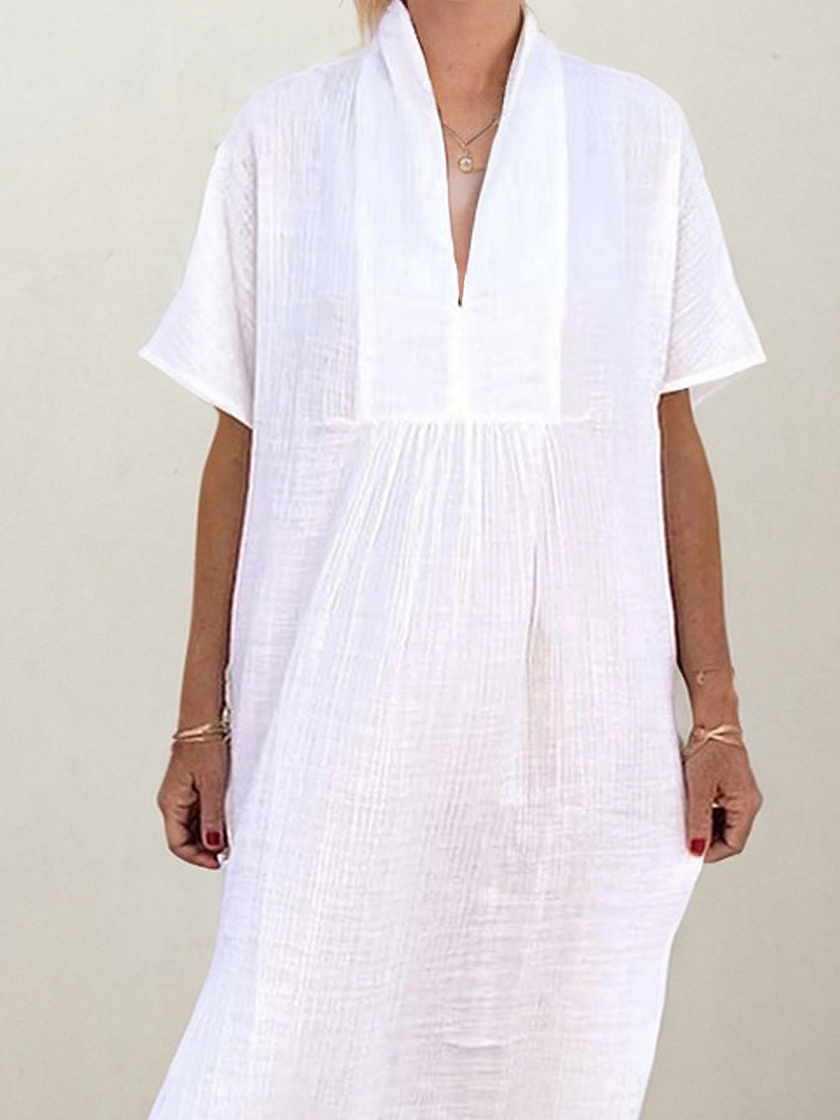 Vacation Plain V Neck linen-cotton Midi Dress