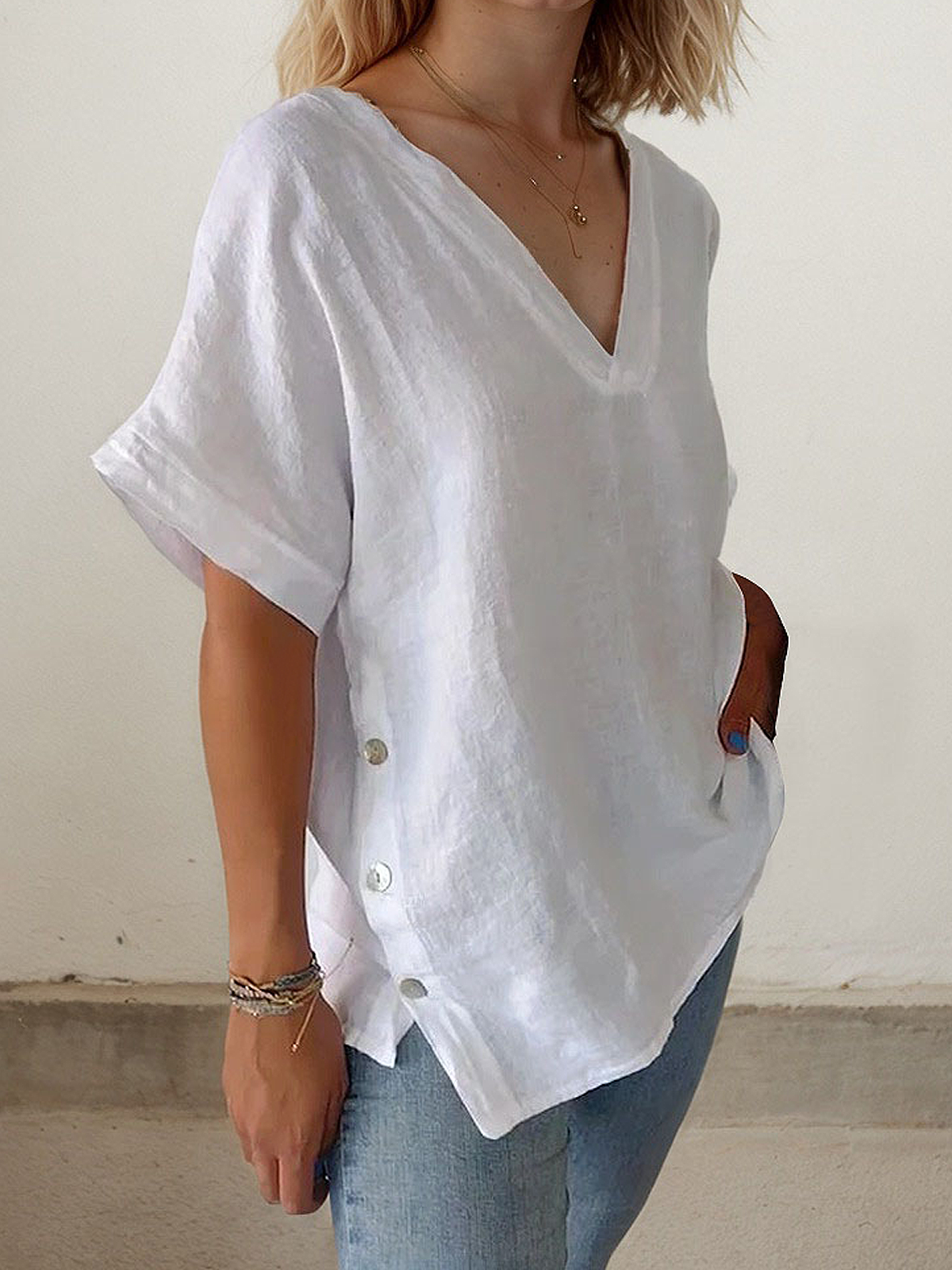 Linen Casual Plain Side-Slit  linen-cotton Blouse