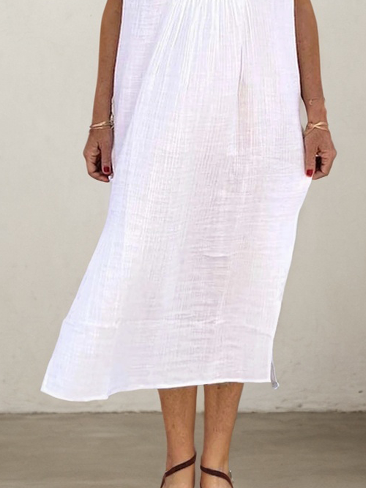 Vacation Plain V Neck linen-cotton Midi Dress