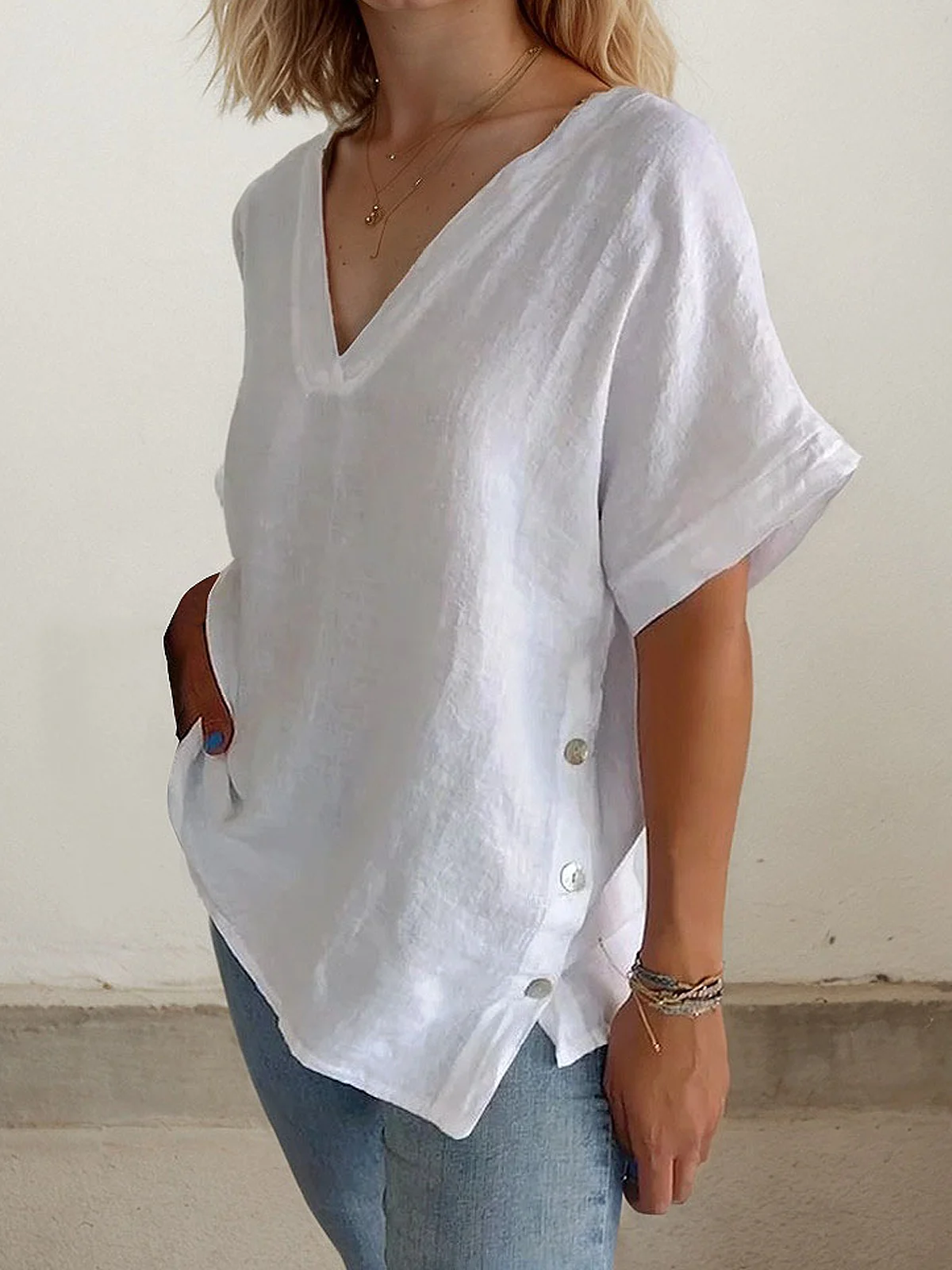 Linen Casual Plain Side-Slit  linen-cotton Blouse