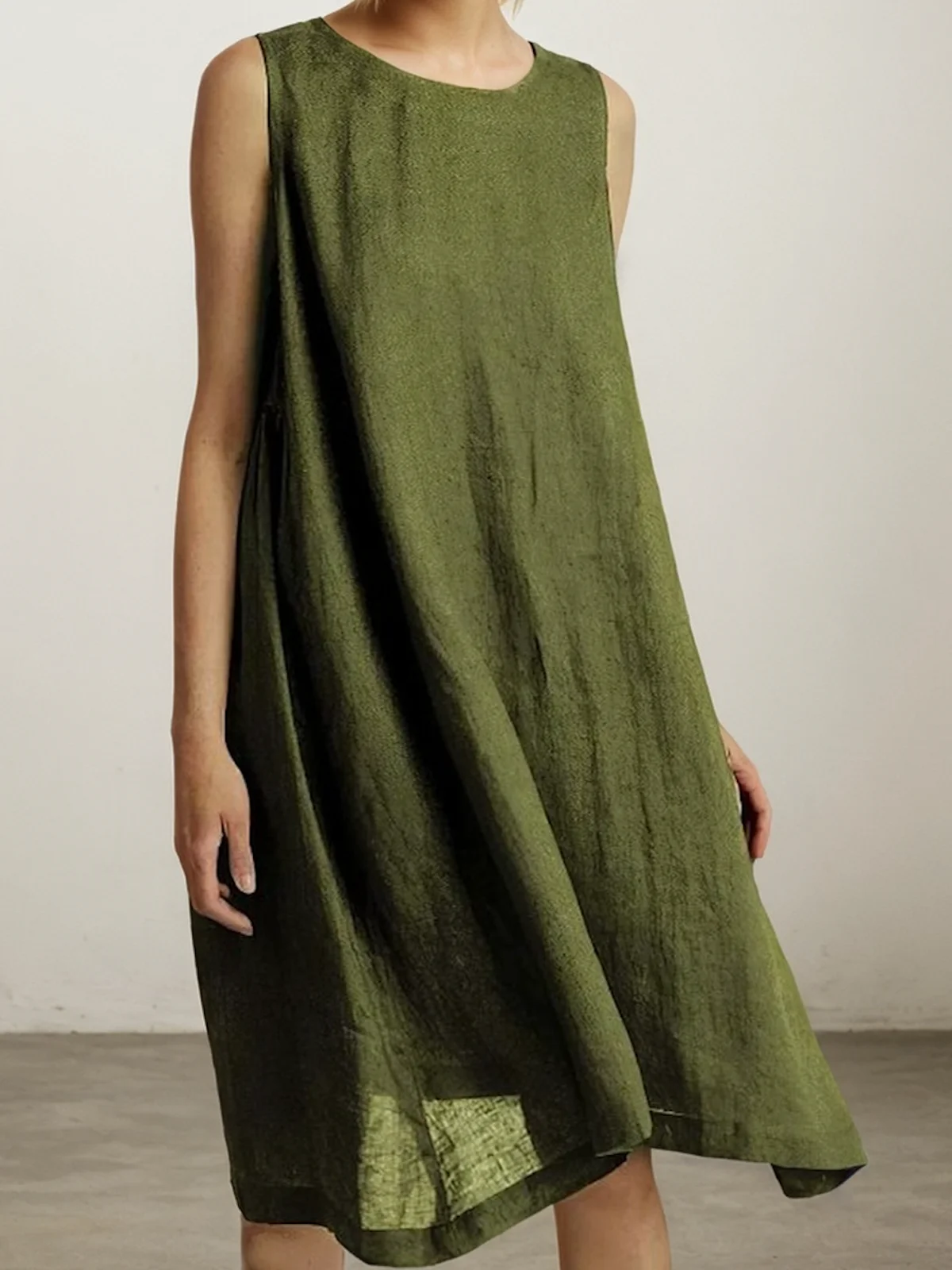 Vacation Plain Crew Neck Mini linen-cotton Dress