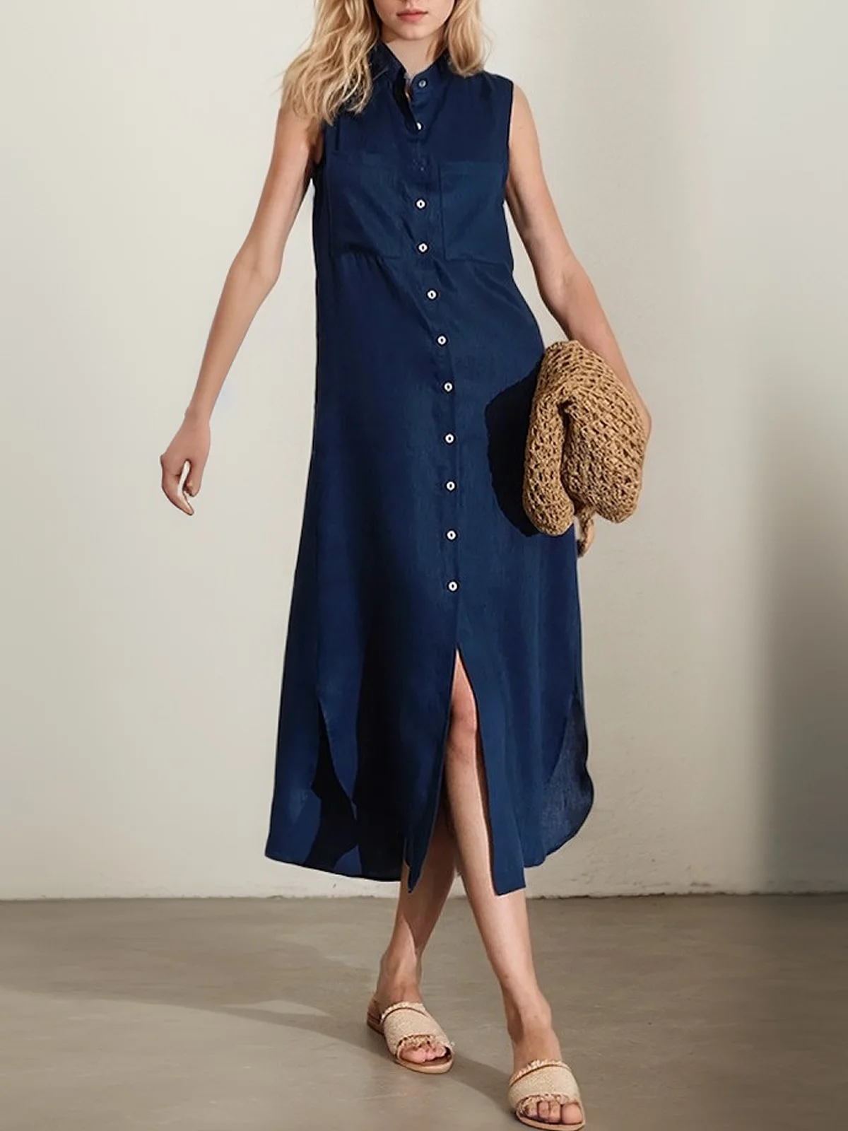 Casual Plain Stand Collar linen-cotton Maxi Dress