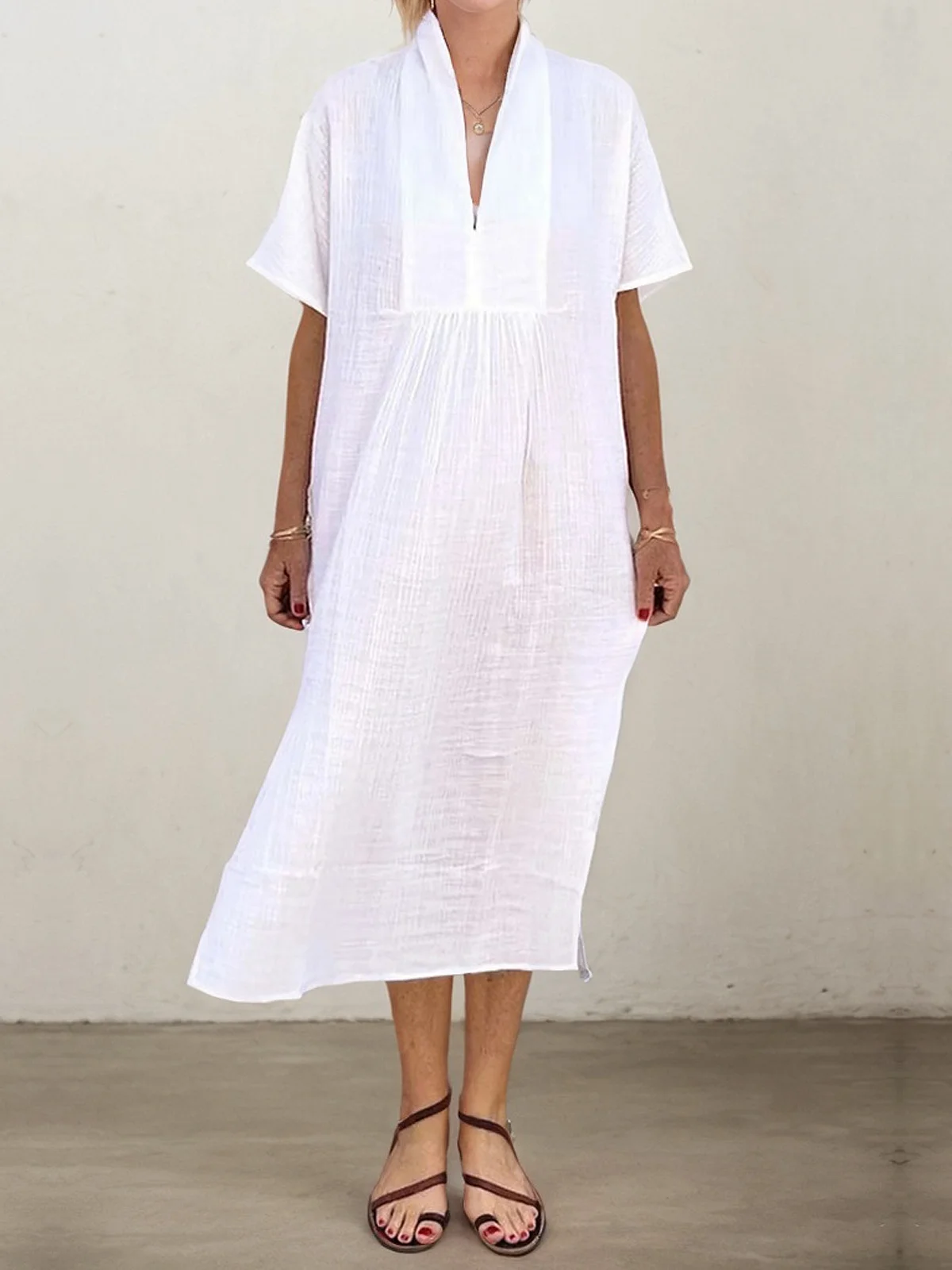 Vacation Plain V Neck linen-cotton Midi Dress