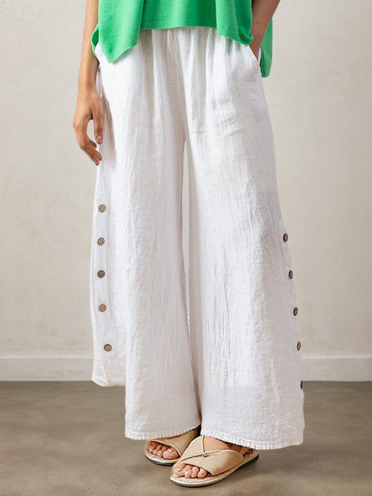 Casual Plain Wide Leg linen-cotton Pants