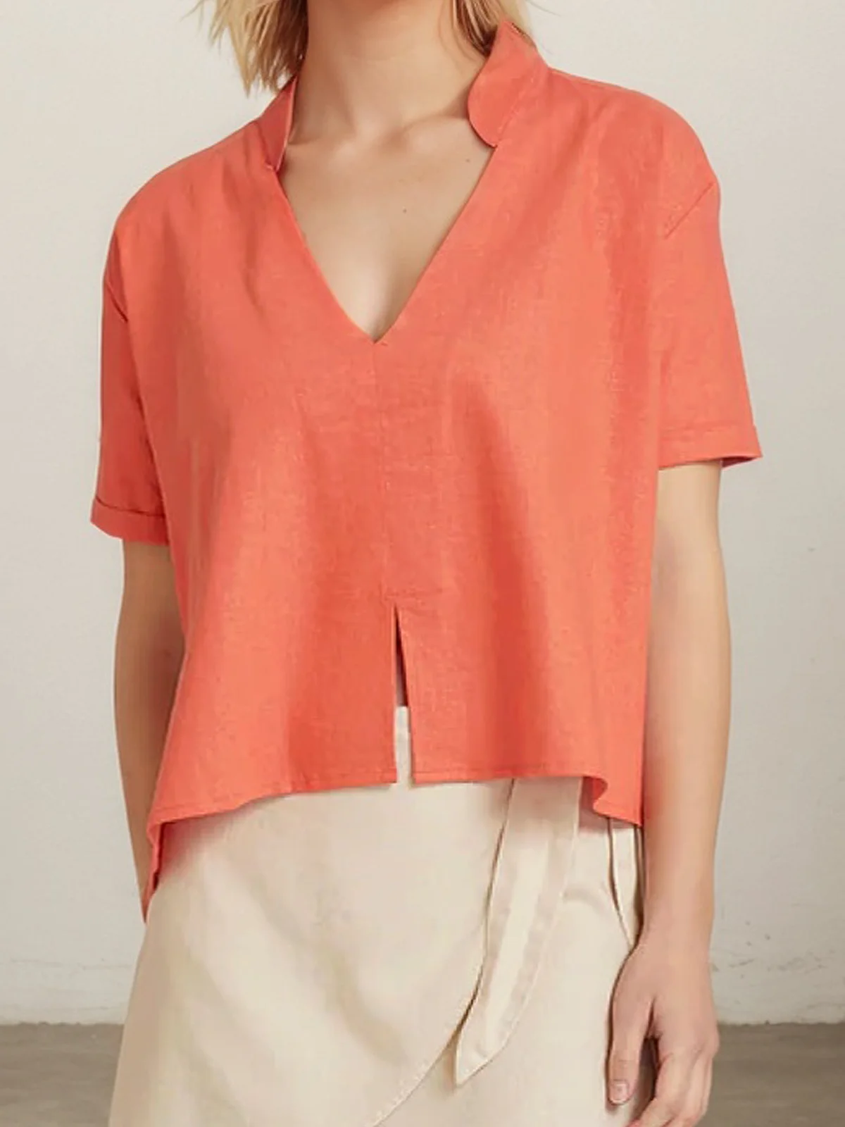 Linen Casual Plain Stand Collar linen-cotton Blouse