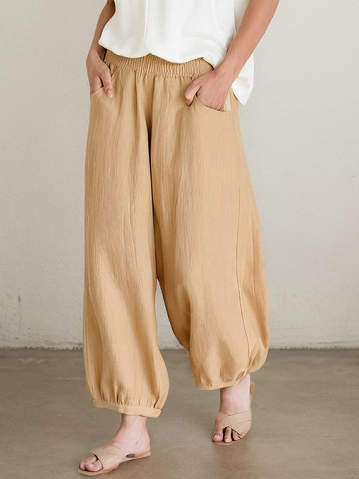 Casual Plain Pocket Stitching linen-cotton Turnip Pants