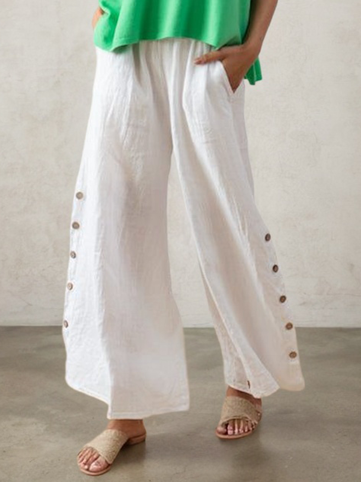 Casual Plain Wide Leg linen-cotton Pants