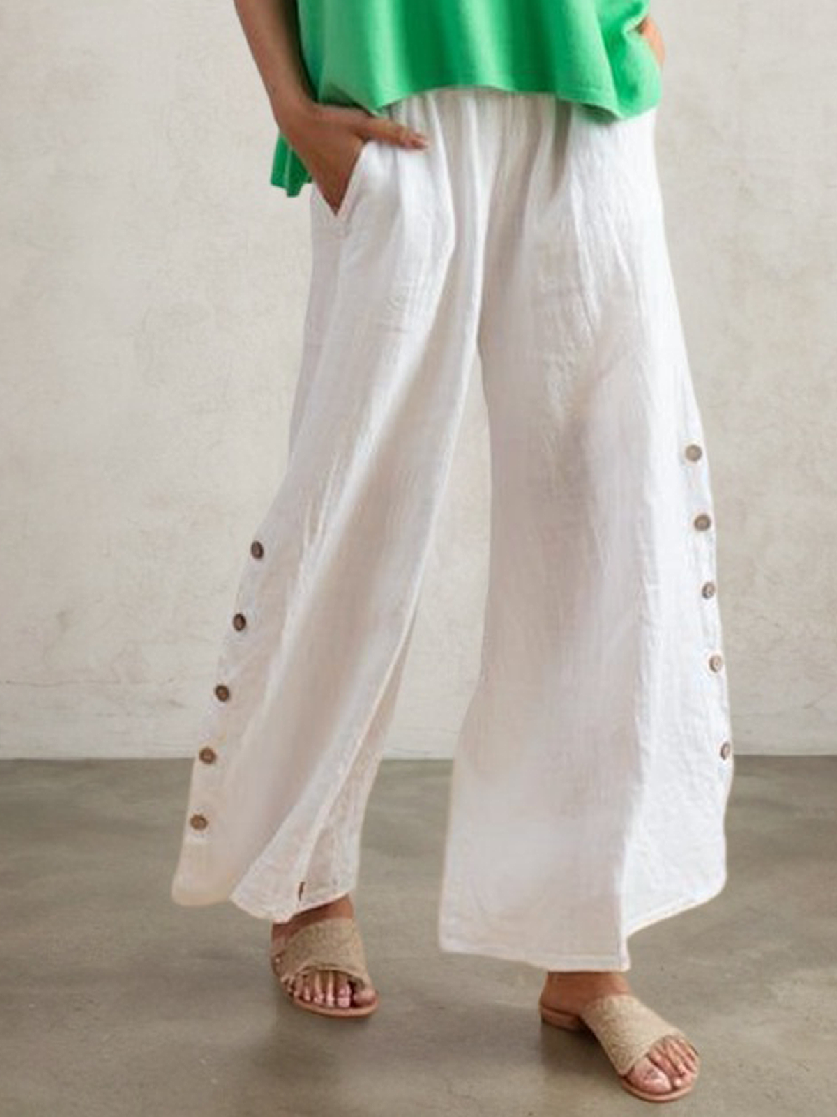 Casual Plain Wide Leg linen-cotton Pants