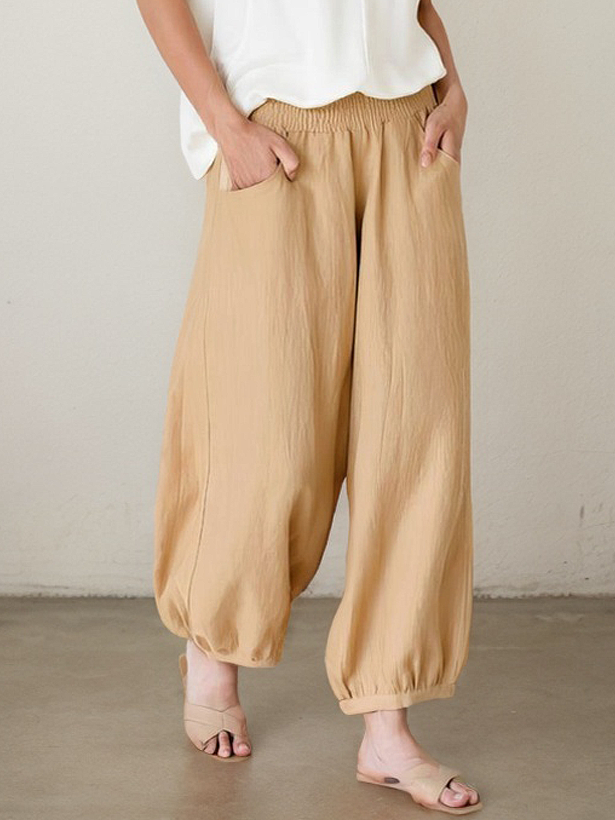 Casual Plain Pocket Stitching linen-cotton Turnip Pants