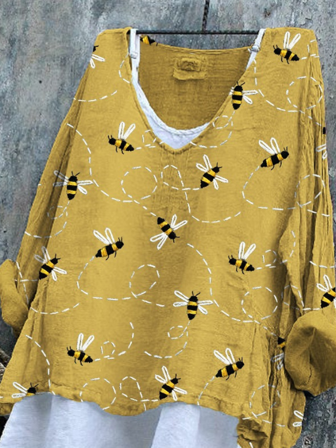 Women Animal V Neck Vintage Long Sleeve T-shirt