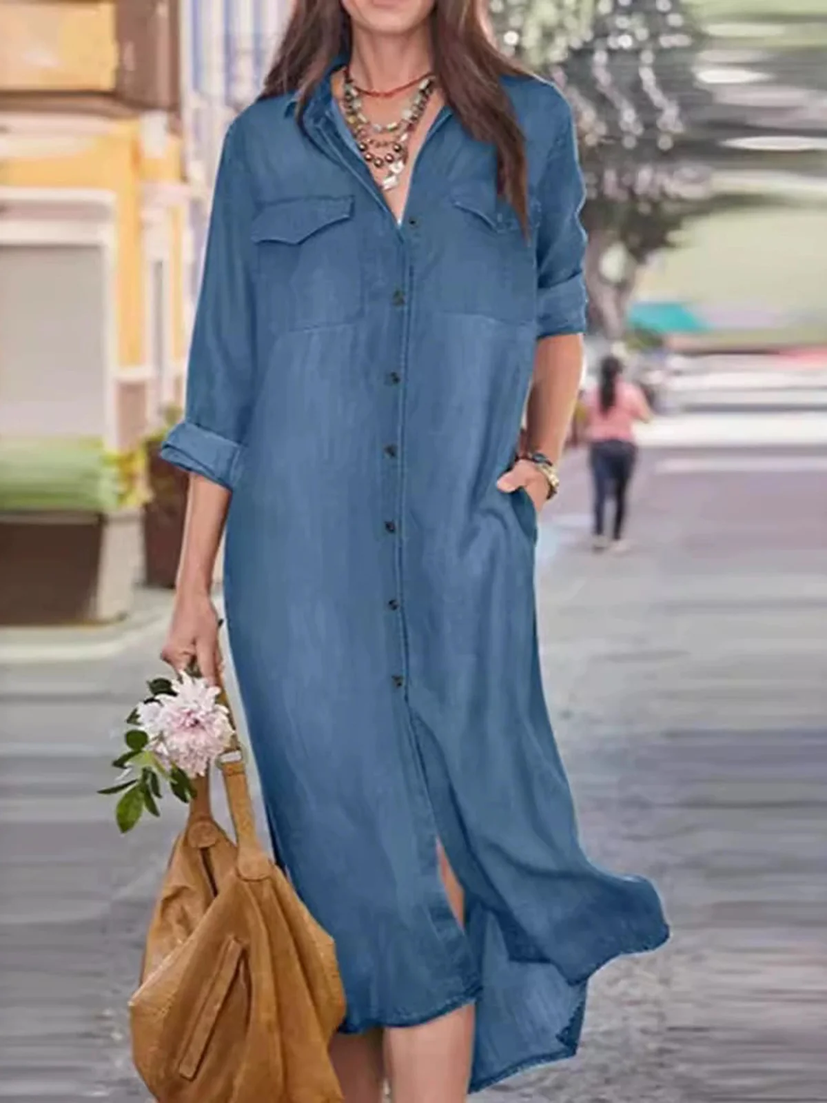 Casual Loose Shirt Collar Maxi Dress