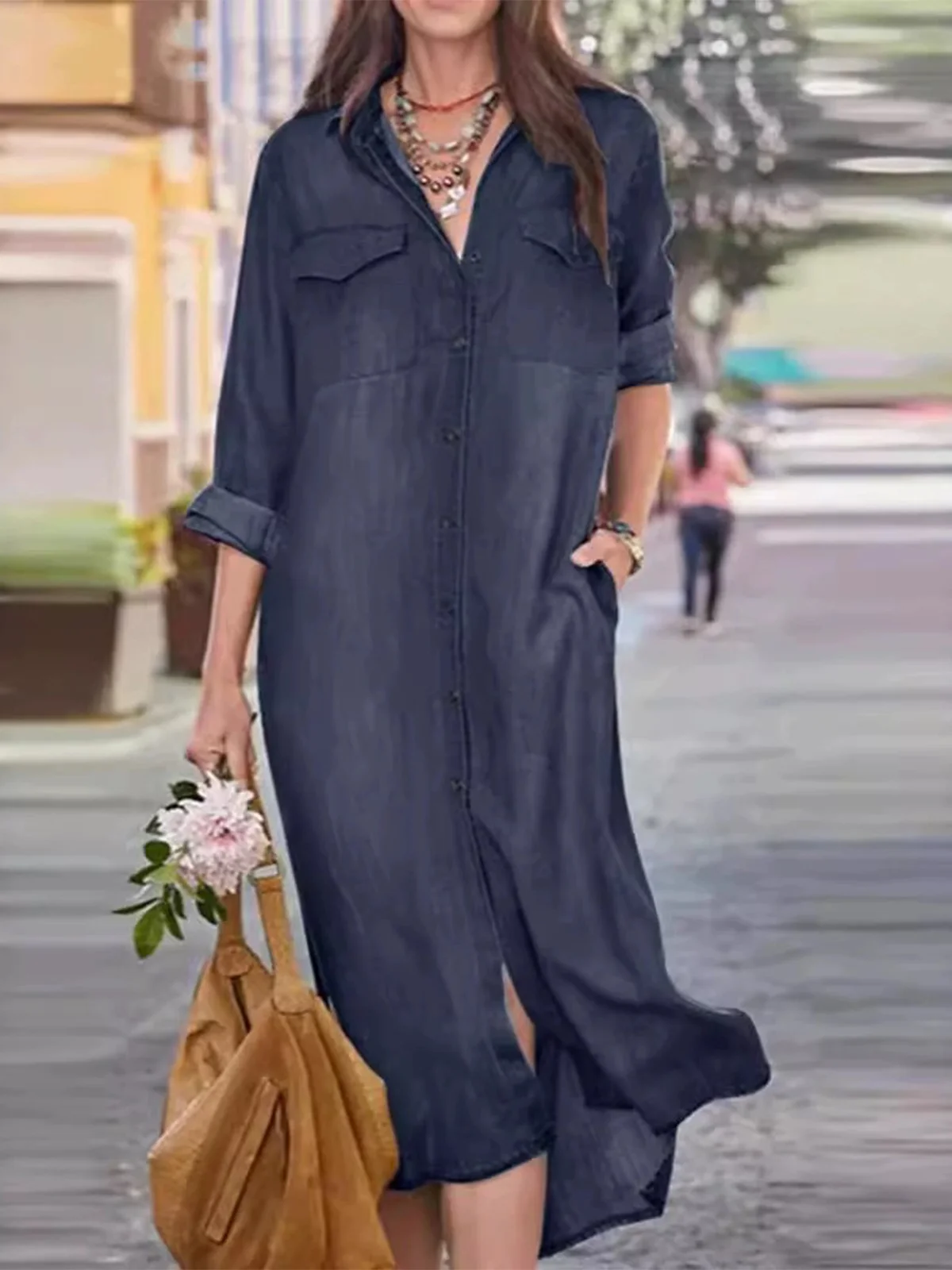 Casual Loose Shirt Collar Maxi Dress