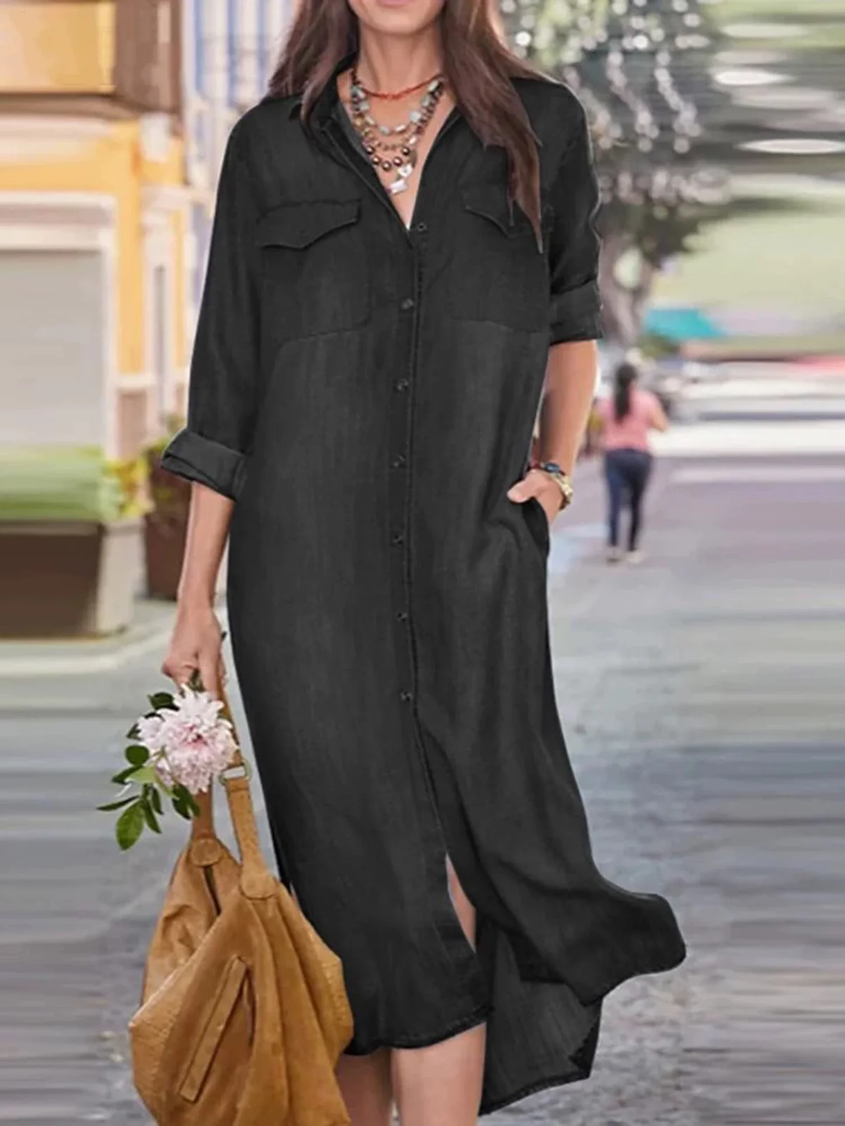 Casual Loose Shirt Collar Maxi Dress