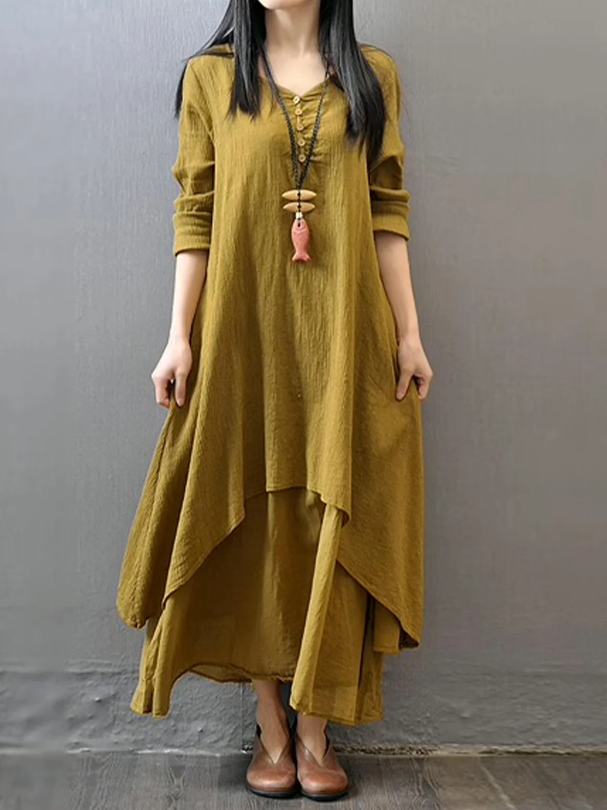 Casual Plain V Neck Maxi Dress