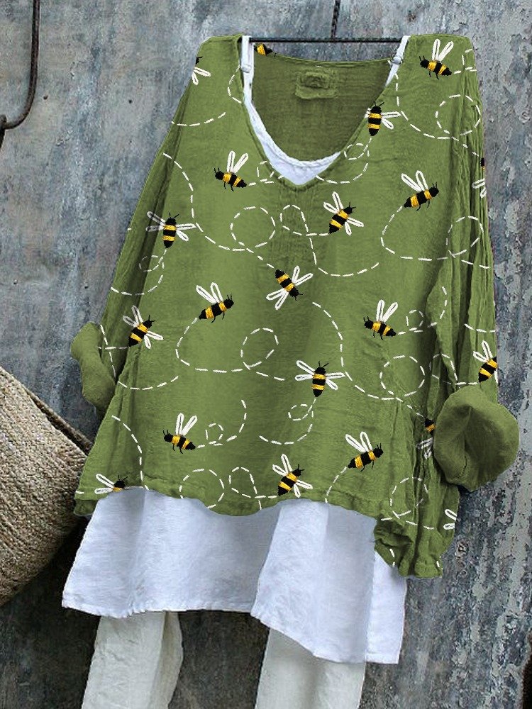 Women Animal V Neck Vintage Long Sleeve T-shirt