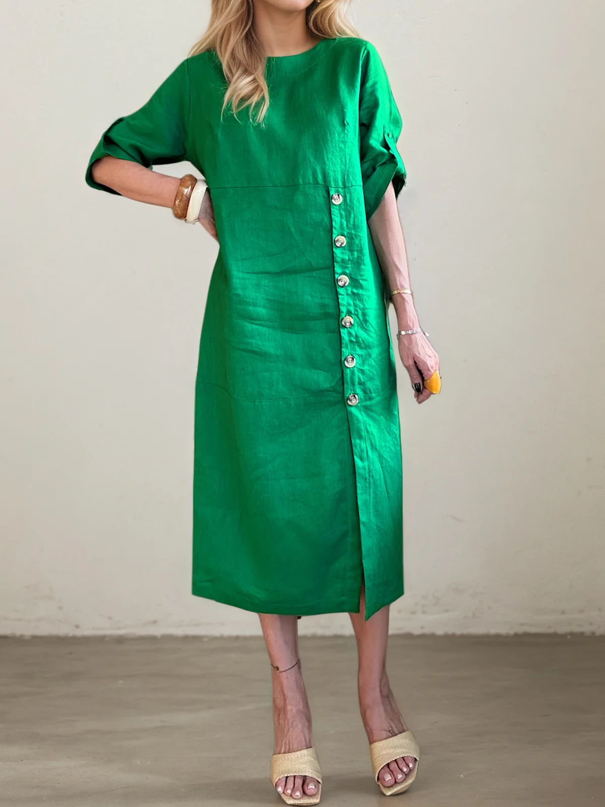 Casual Plain Asymmetric linen-cotton Midi Dress