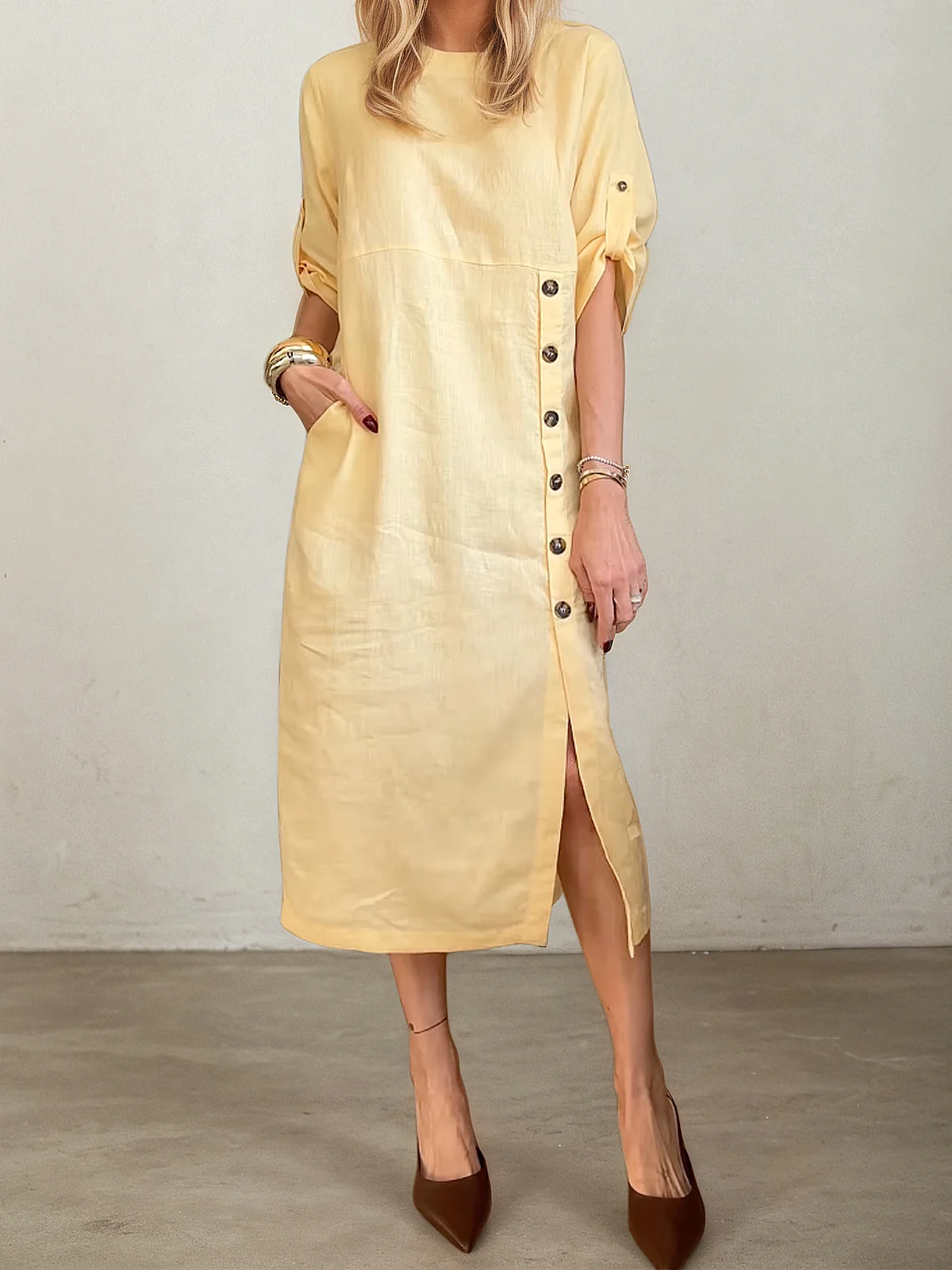 Casual Plain Asymmetric linen-cotton Midi Dress
