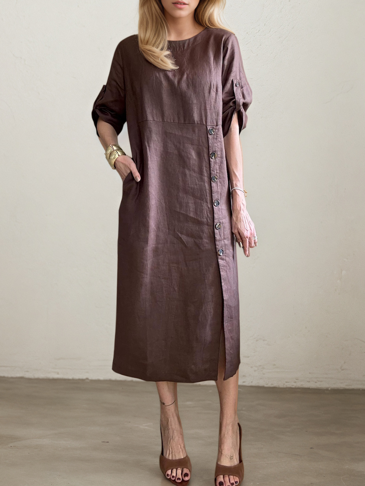 Casual Plain Asymmetric linen-cotton Midi Dress