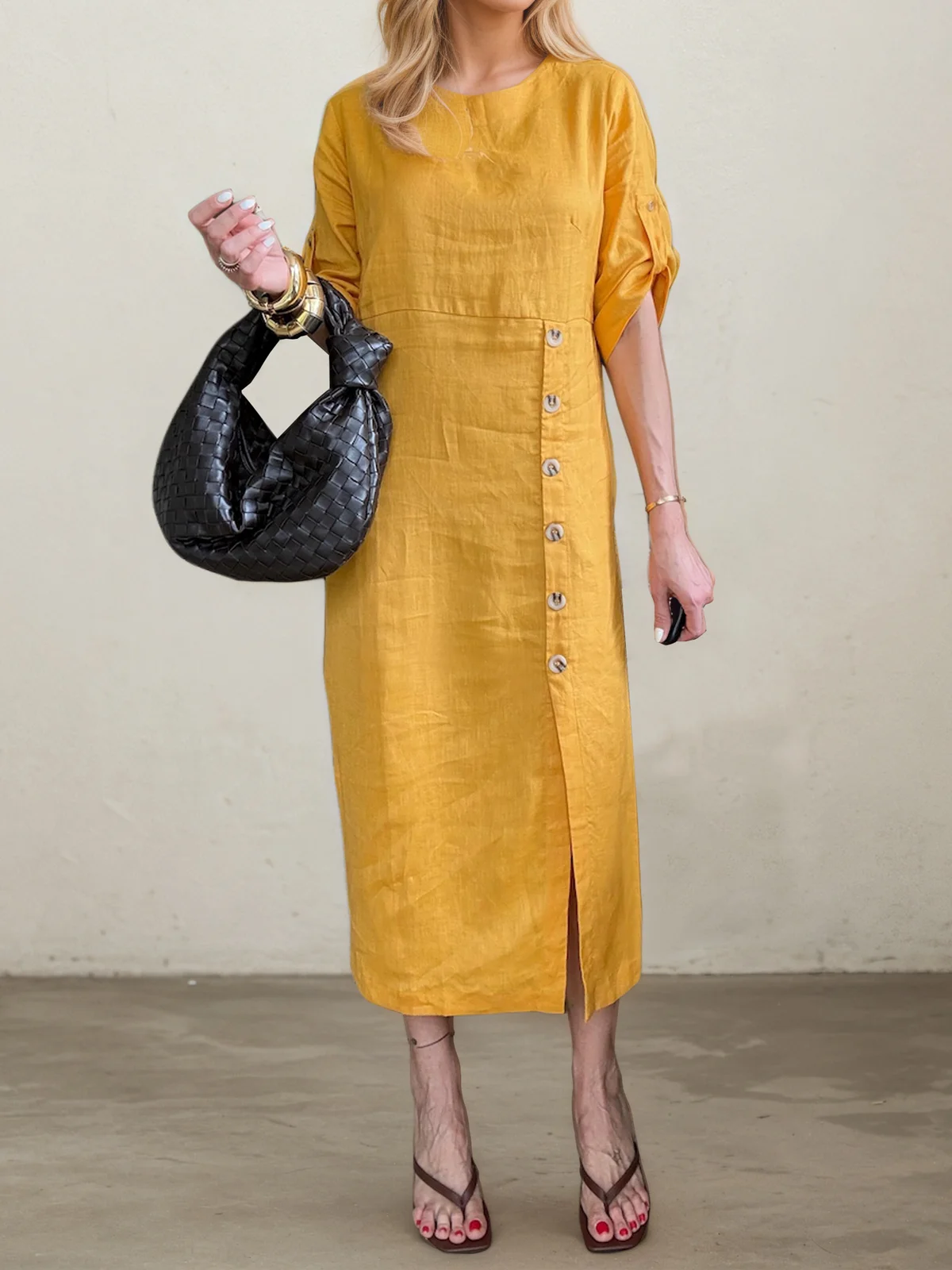 Casual Plain Asymmetric linen-cotton Midi Dress
