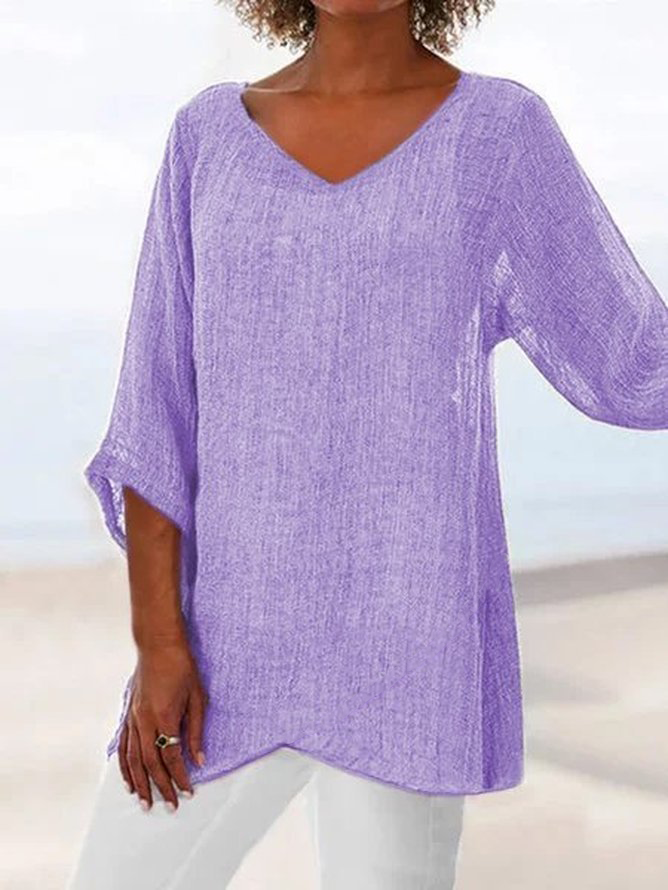 V neck Linen Plain Casual Asymmetric 3/4 Sleeve Plain Top